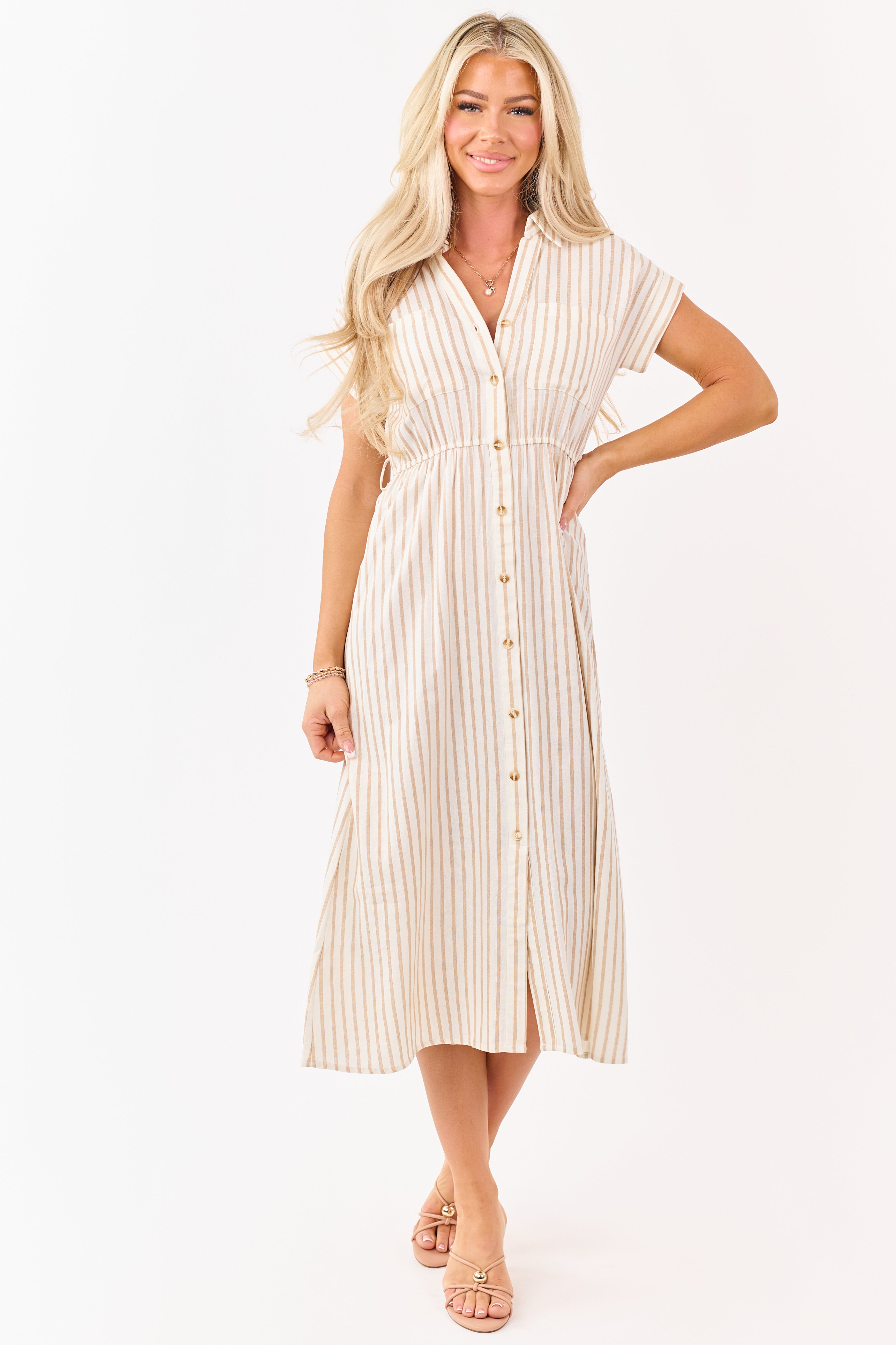 Almond Striped Button Down Midi Dress with Belt