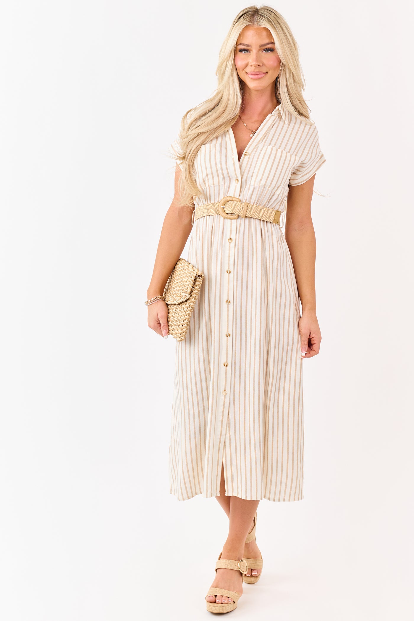 Almond Striped Button Down Midi Dress with Belt