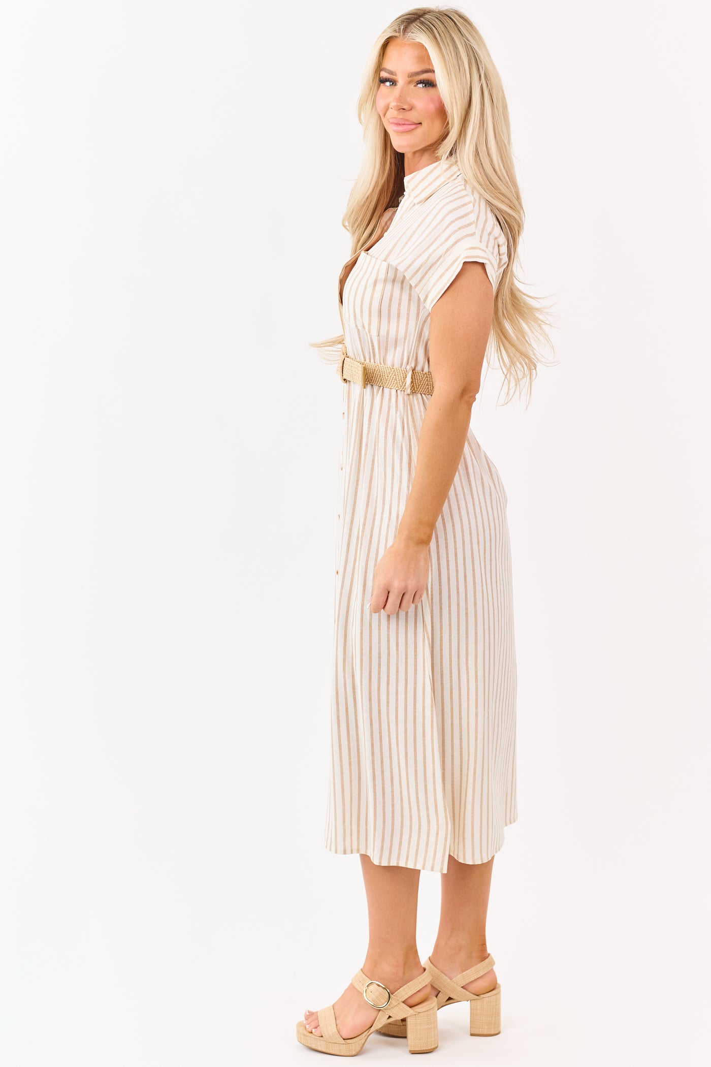 Almond Striped Button Down Midi Dress with Belt