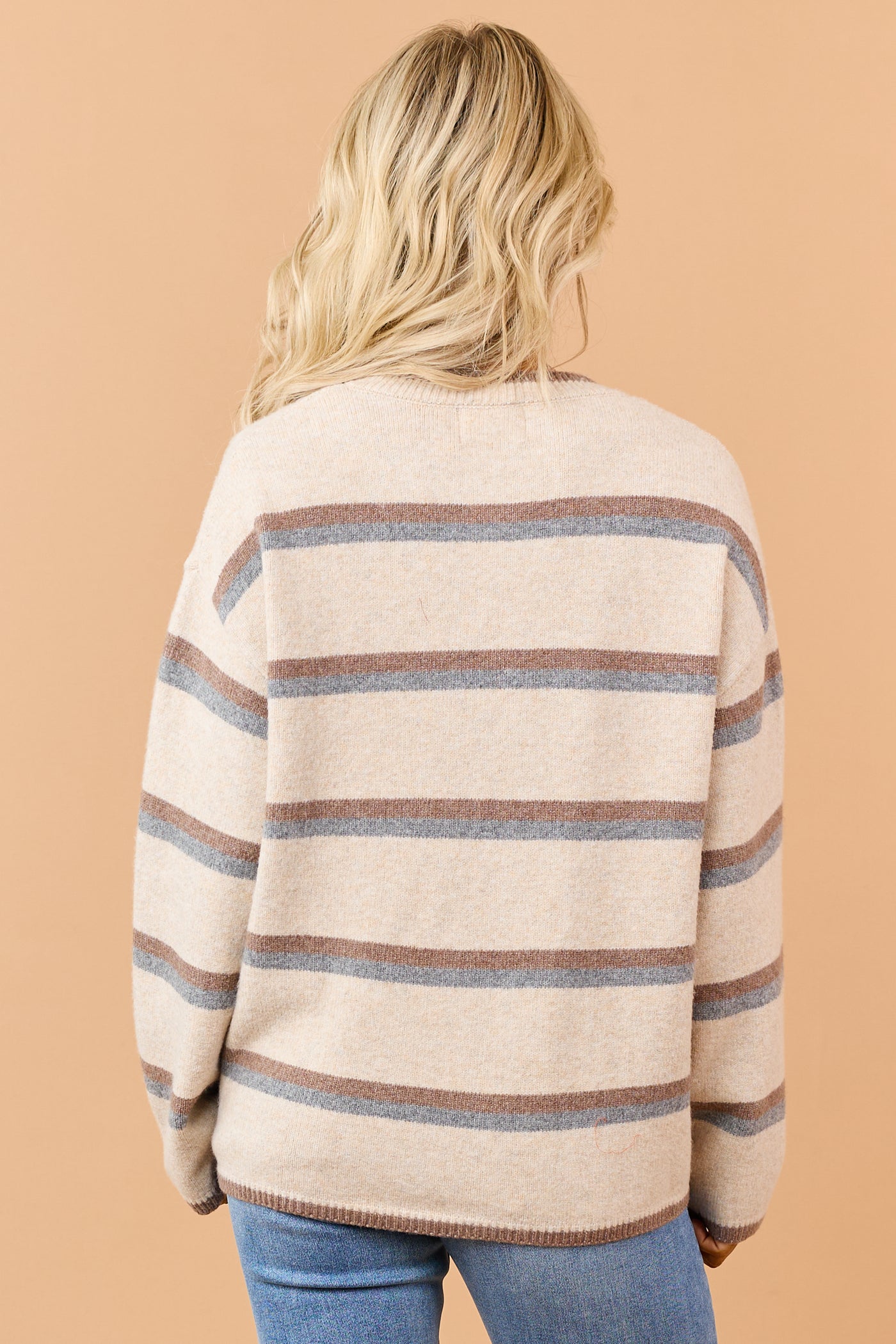 Almond Striped Button Down Relaxed Knit Cardigan