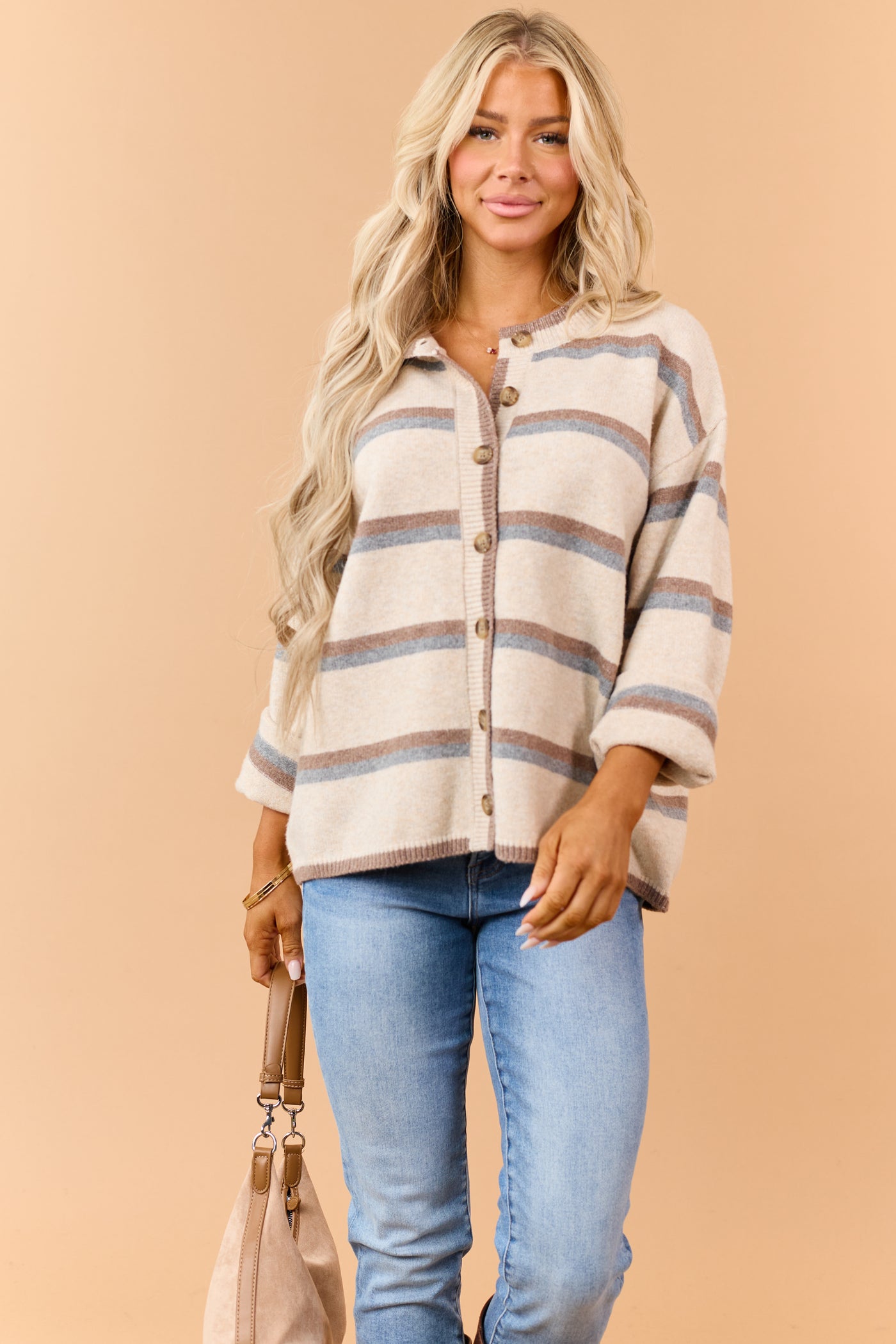 Almond Striped Button Down Relaxed Knit Cardigan