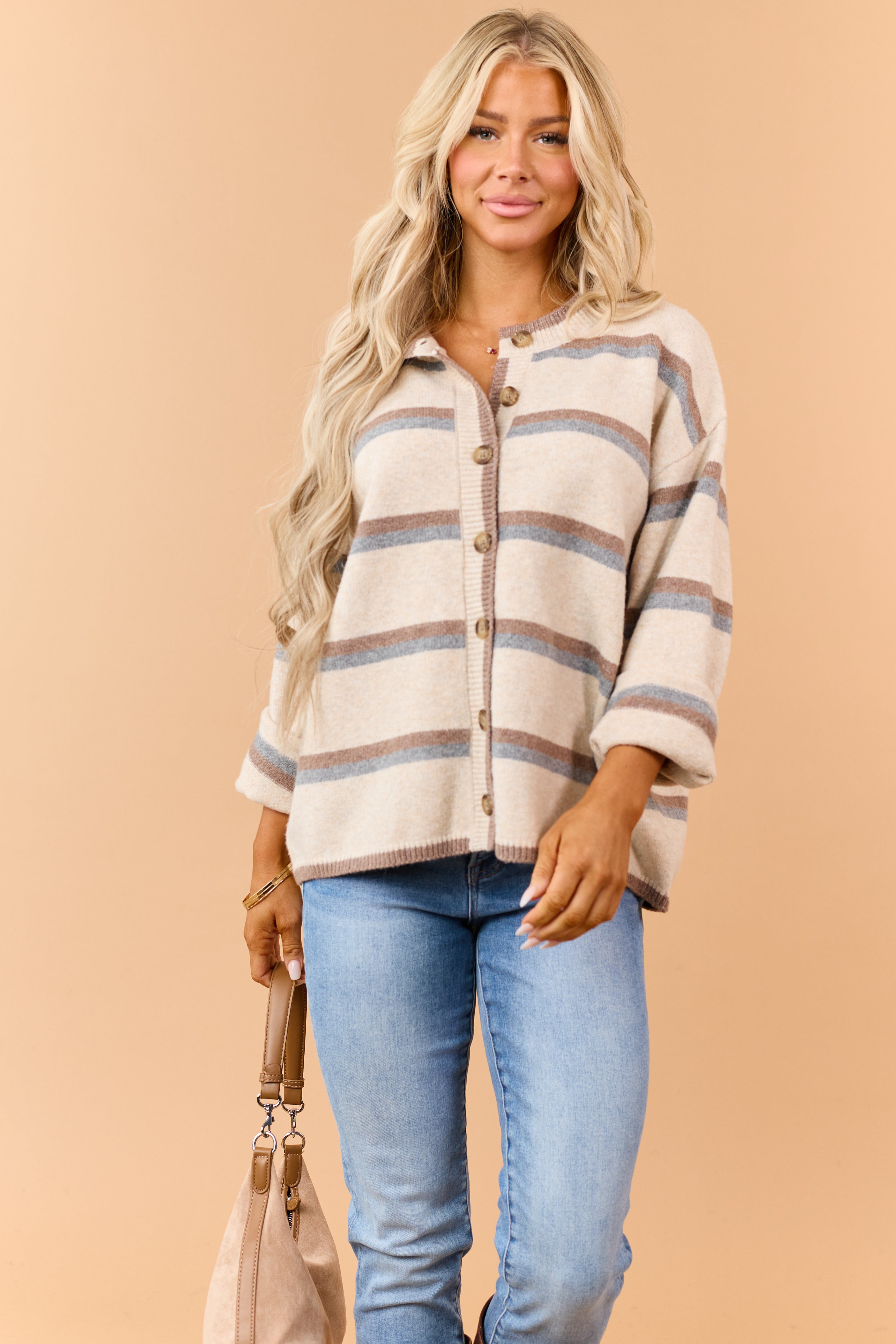 Almond Striped Button Down Relaxed Knit Cardigan