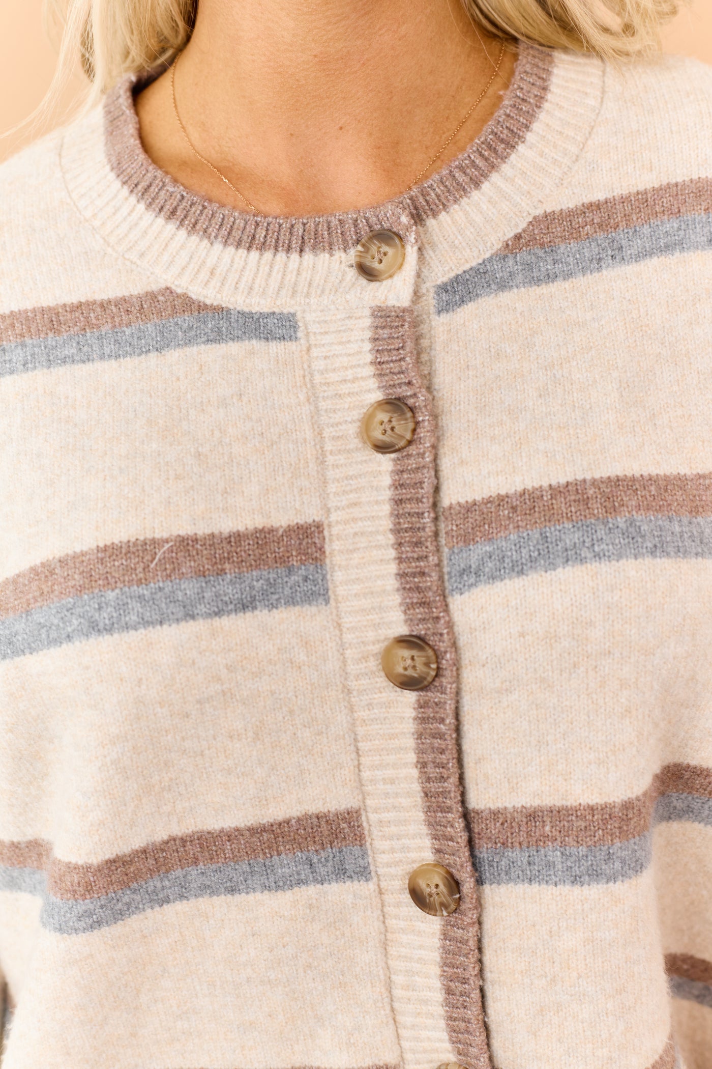 Almond Striped Button Down Relaxed Knit Cardigan
