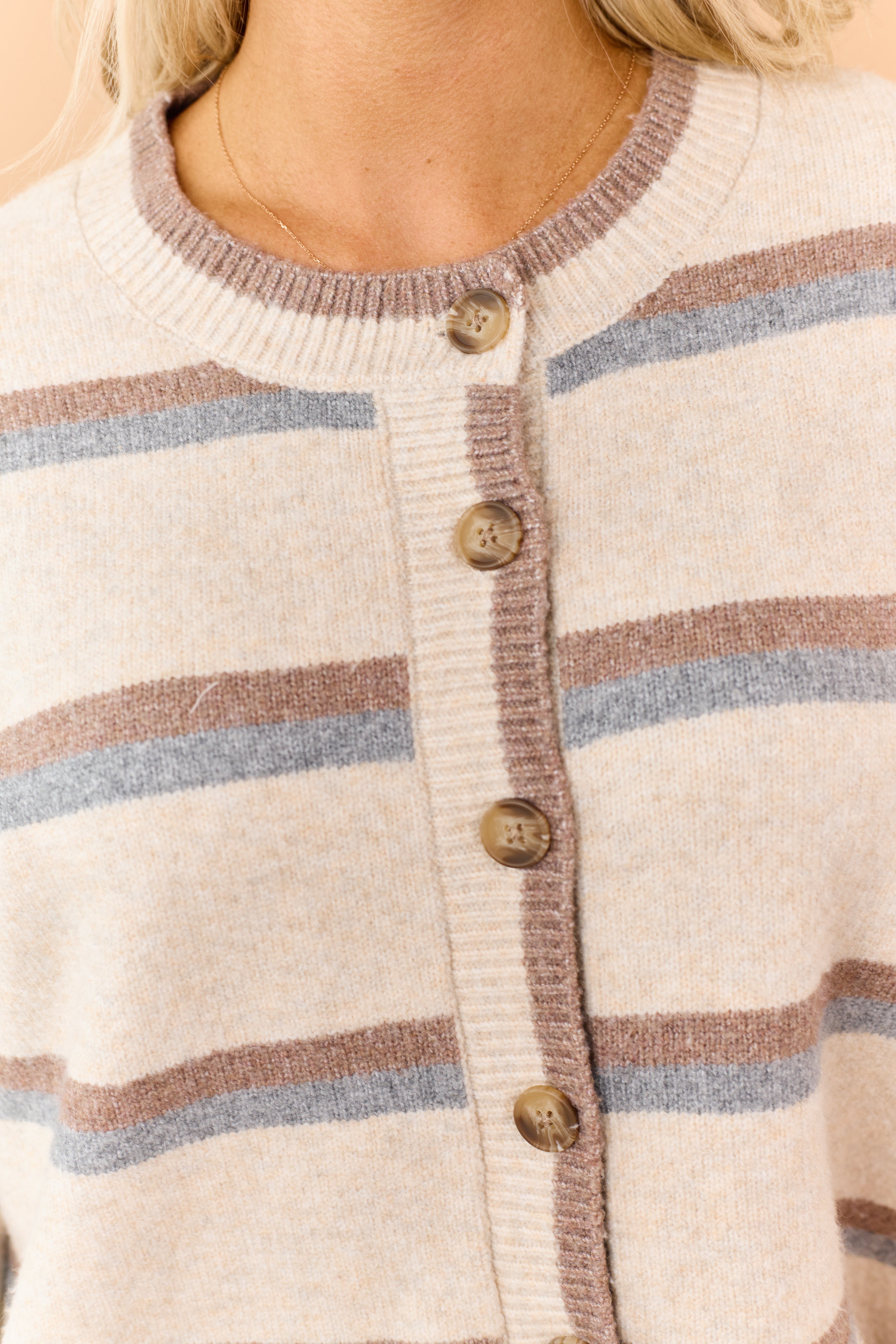 Almond Striped Button Down Relaxed Knit Cardigan