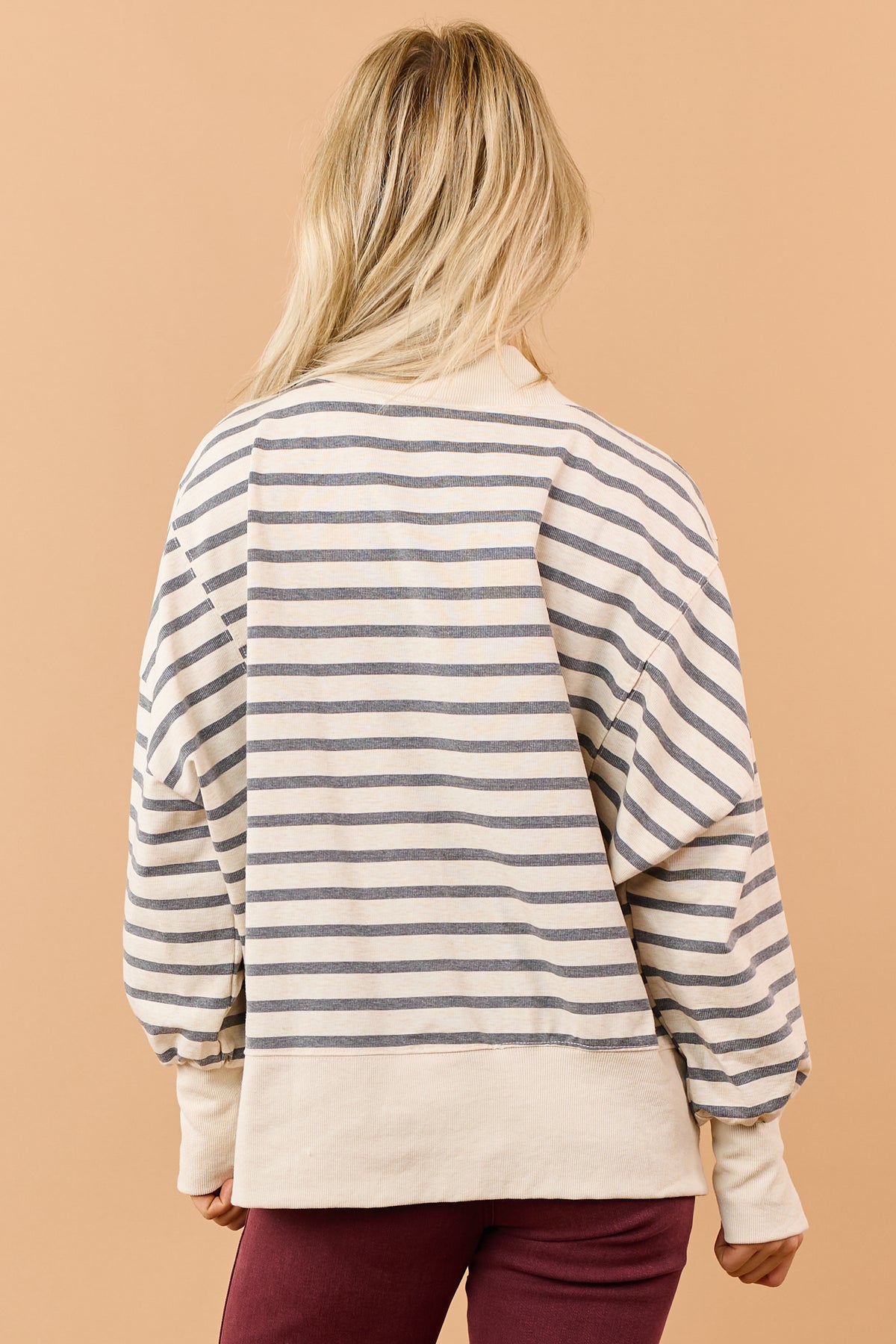 Almond Striped Mock Neck Sweatshirt Top