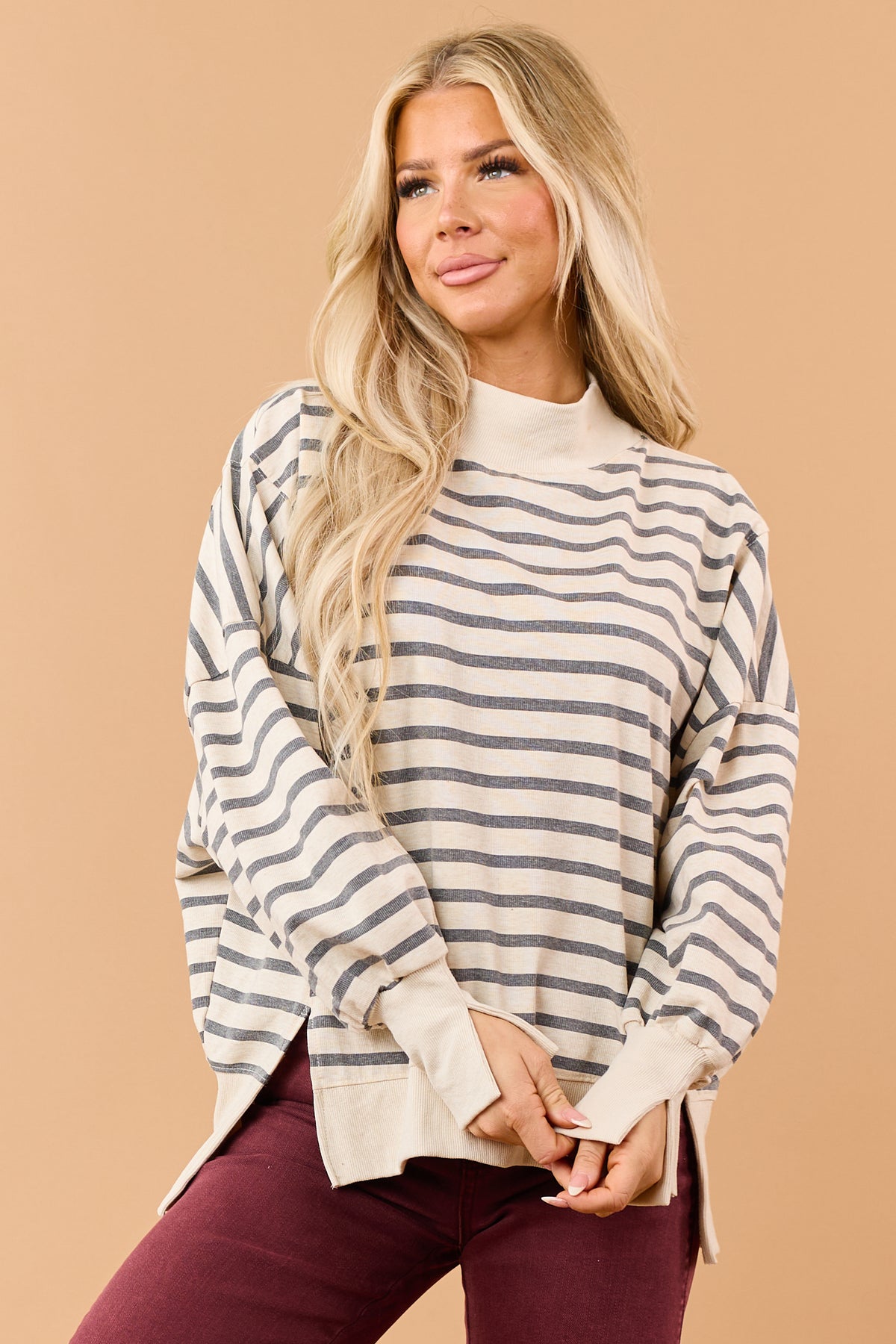Almond Striped Mock Neck Sweatshirt Top