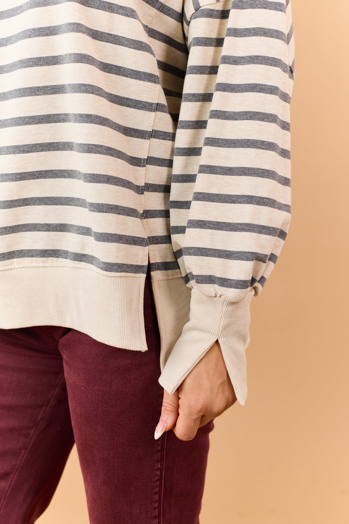 Almond Striped Mock Neck Sweatshirt Top