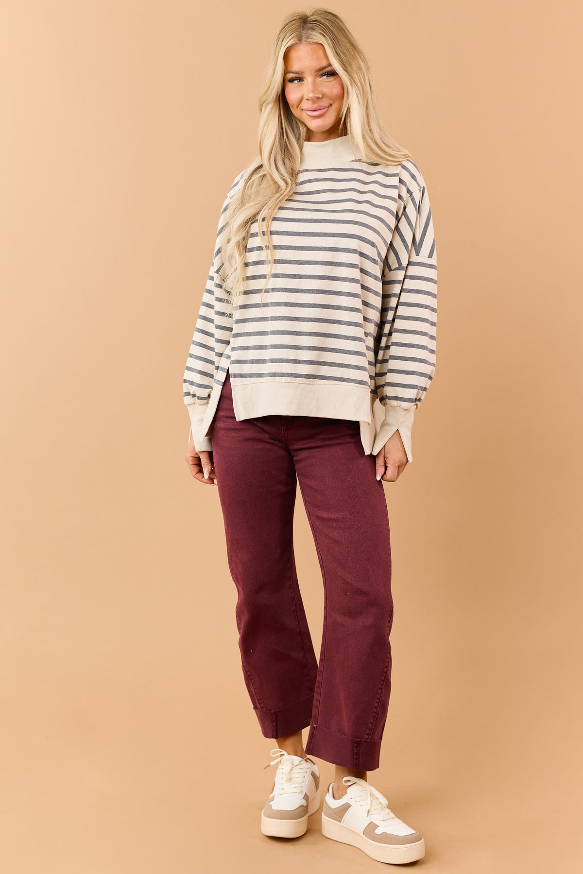 Almond Striped Mock Neck Sweatshirt Top