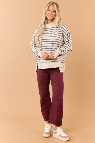 Almond Striped Mock Neck Sweatshirt Top