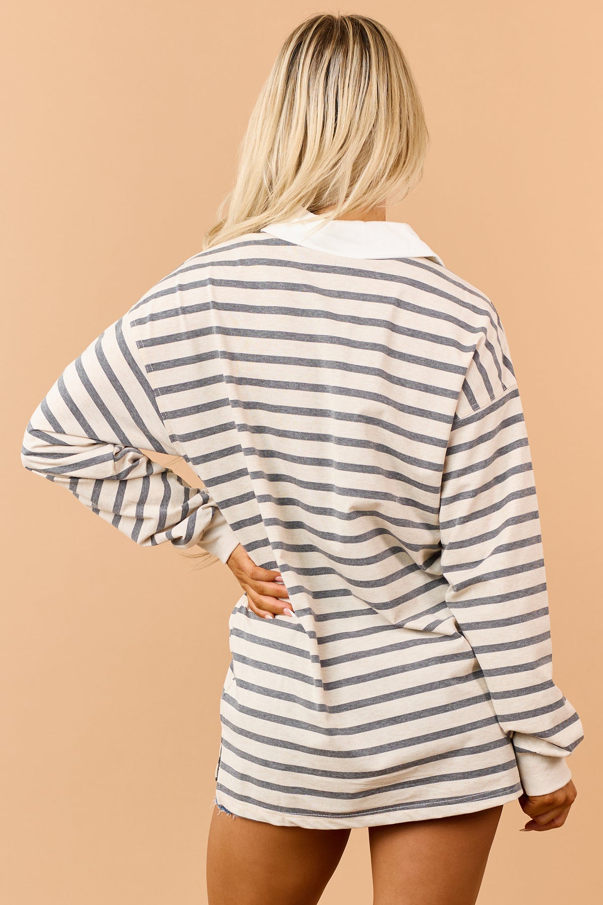 Almond Striped Polo Style Relaxed Long Sleeve Top