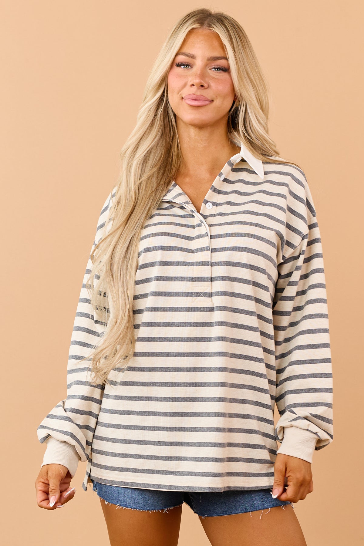 Almond Striped Polo Style Relaxed Long Sleeve Top