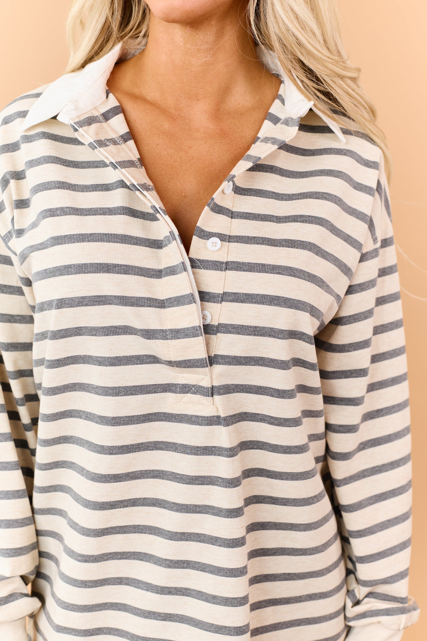 Almond Striped Polo Style Relaxed Long Sleeve Top
