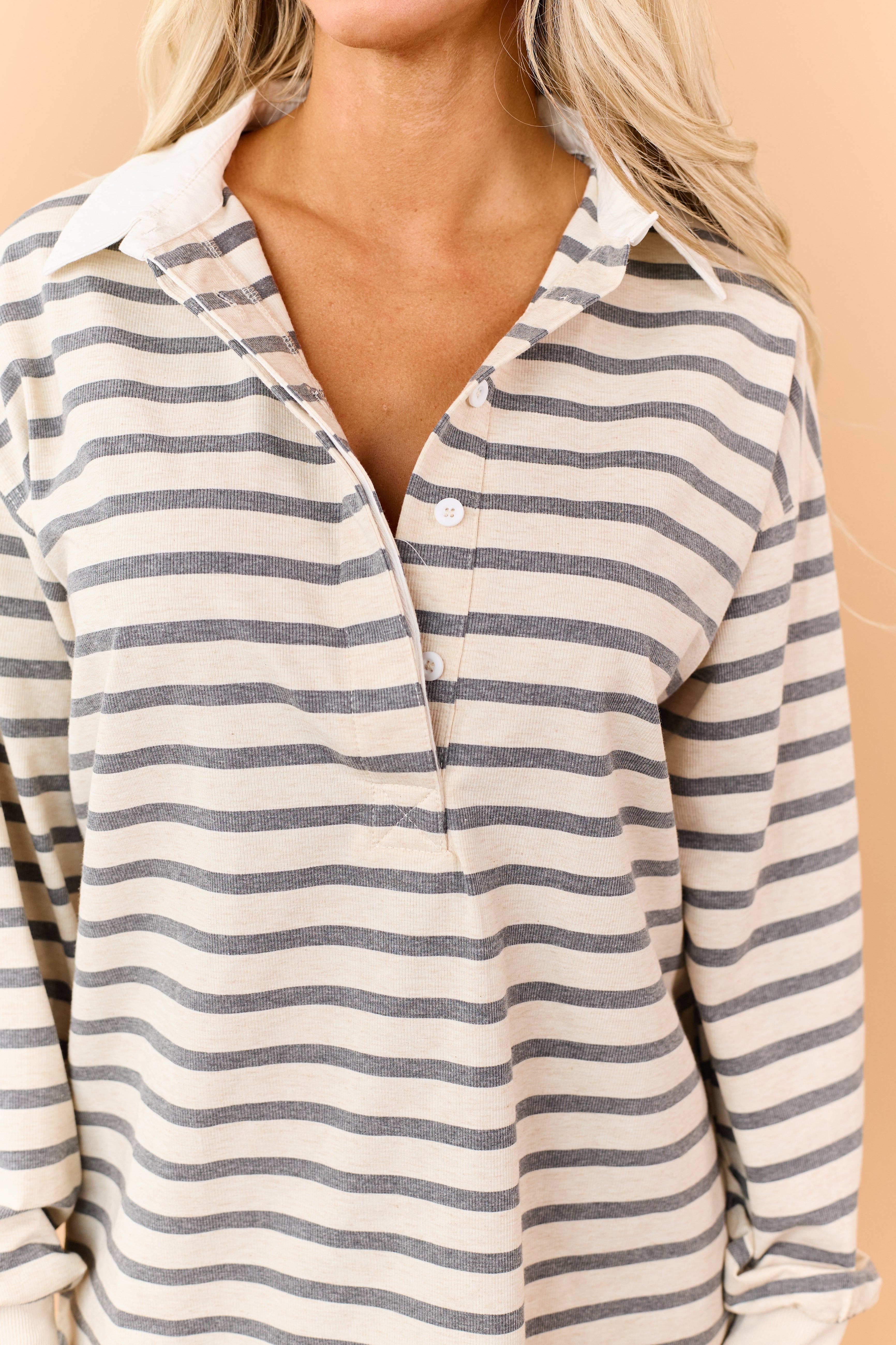 Almond Striped Polo Style Relaxed Long Sleeve Top