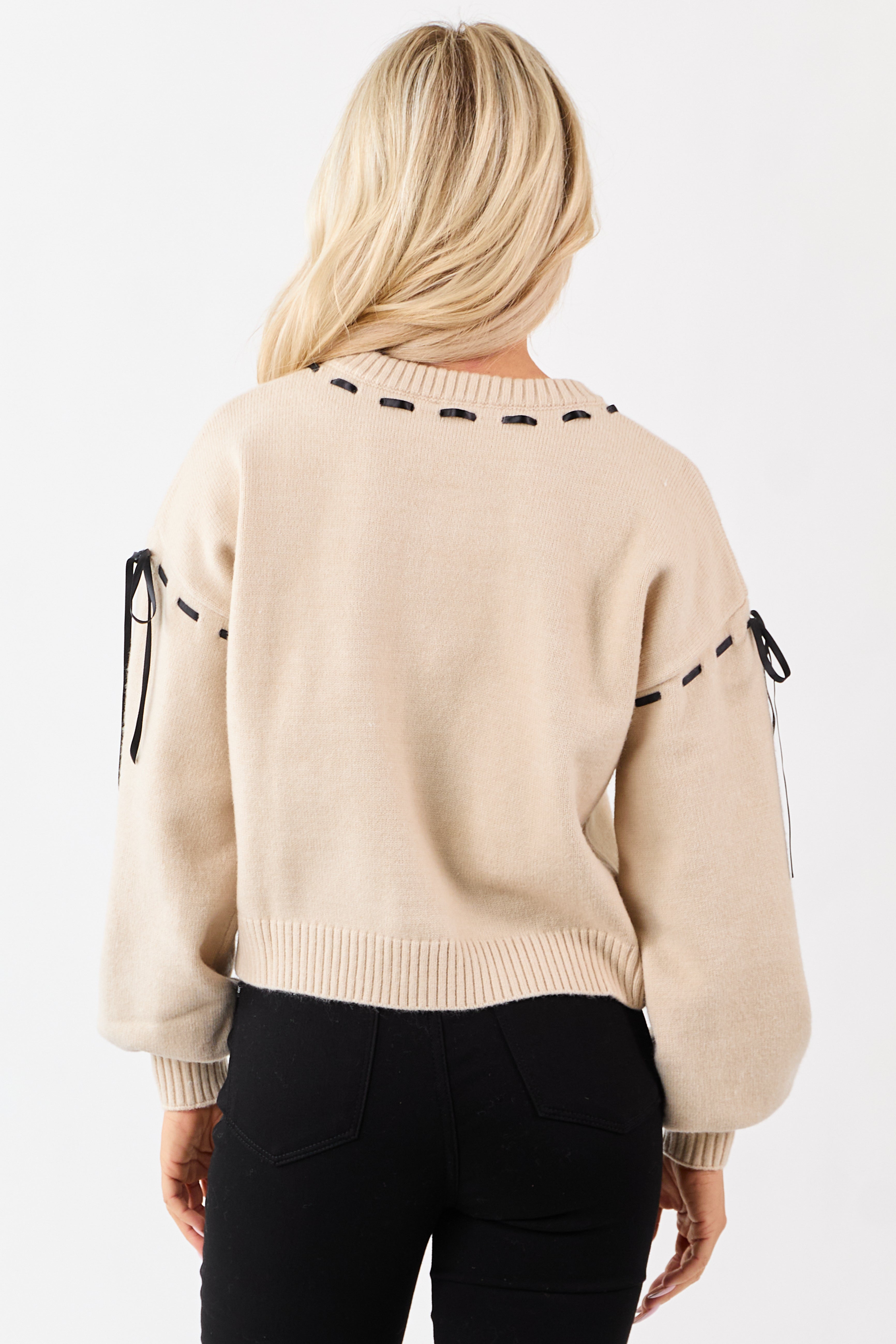 Almond Threaded Satin Ribbon Boxy Sweater