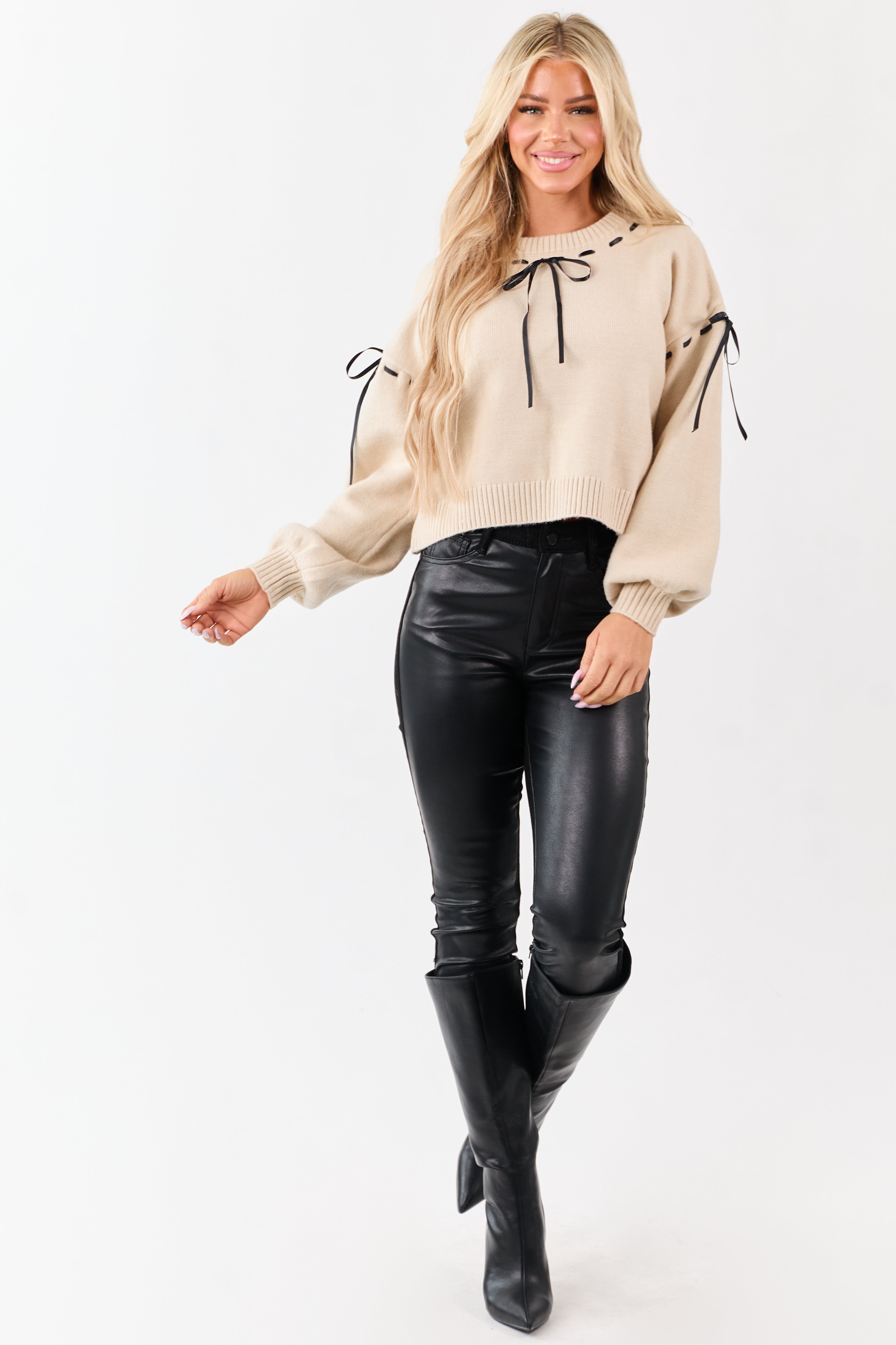 Almond Threaded Satin Ribbon Boxy Sweater