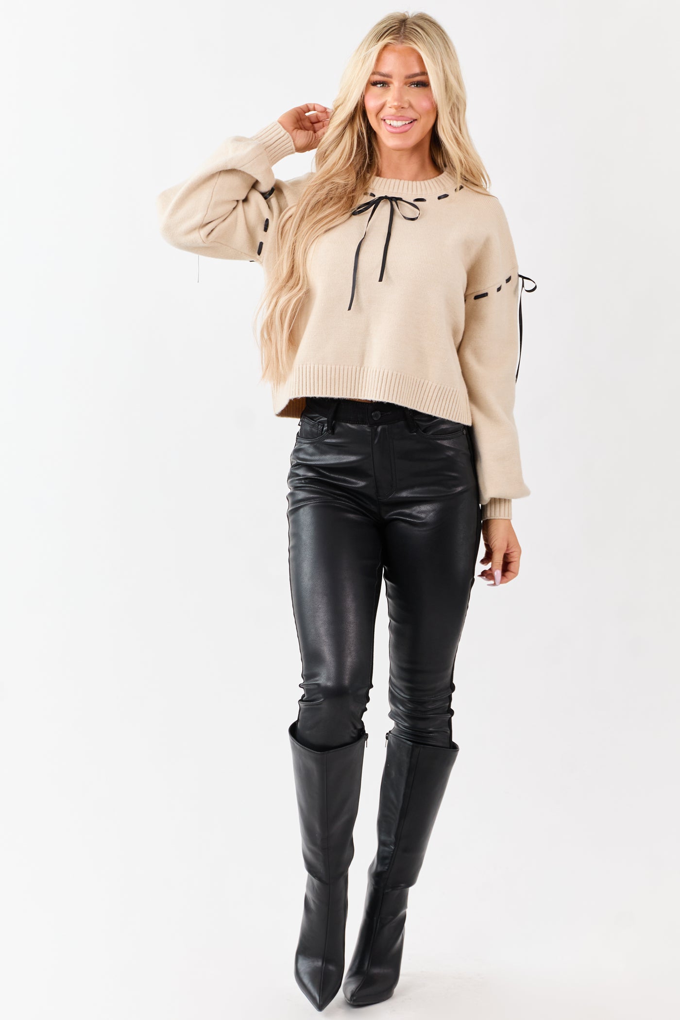 Almond Threaded Satin Ribbon Boxy Sweater