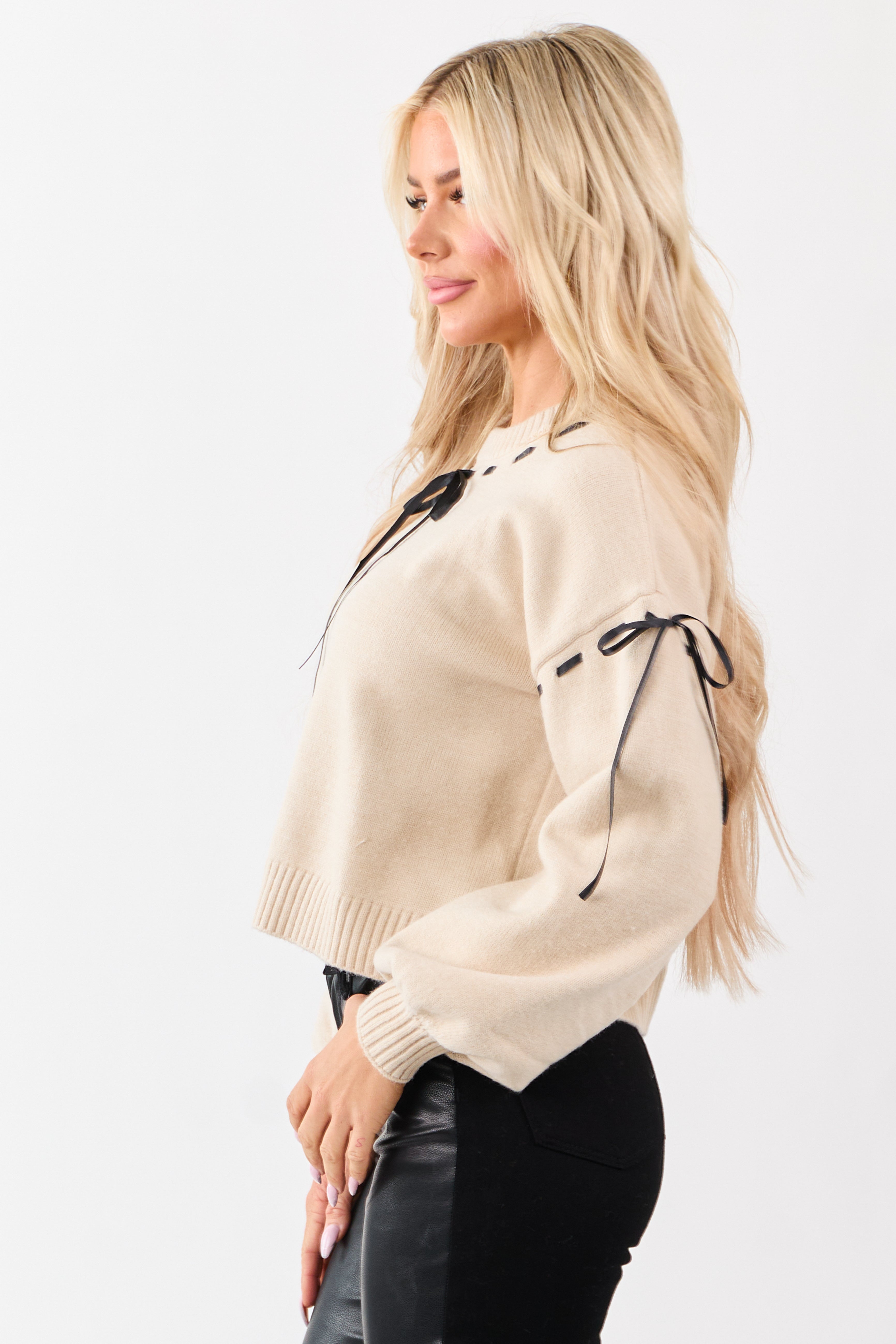 Almond Threaded Satin Ribbon Boxy Sweater