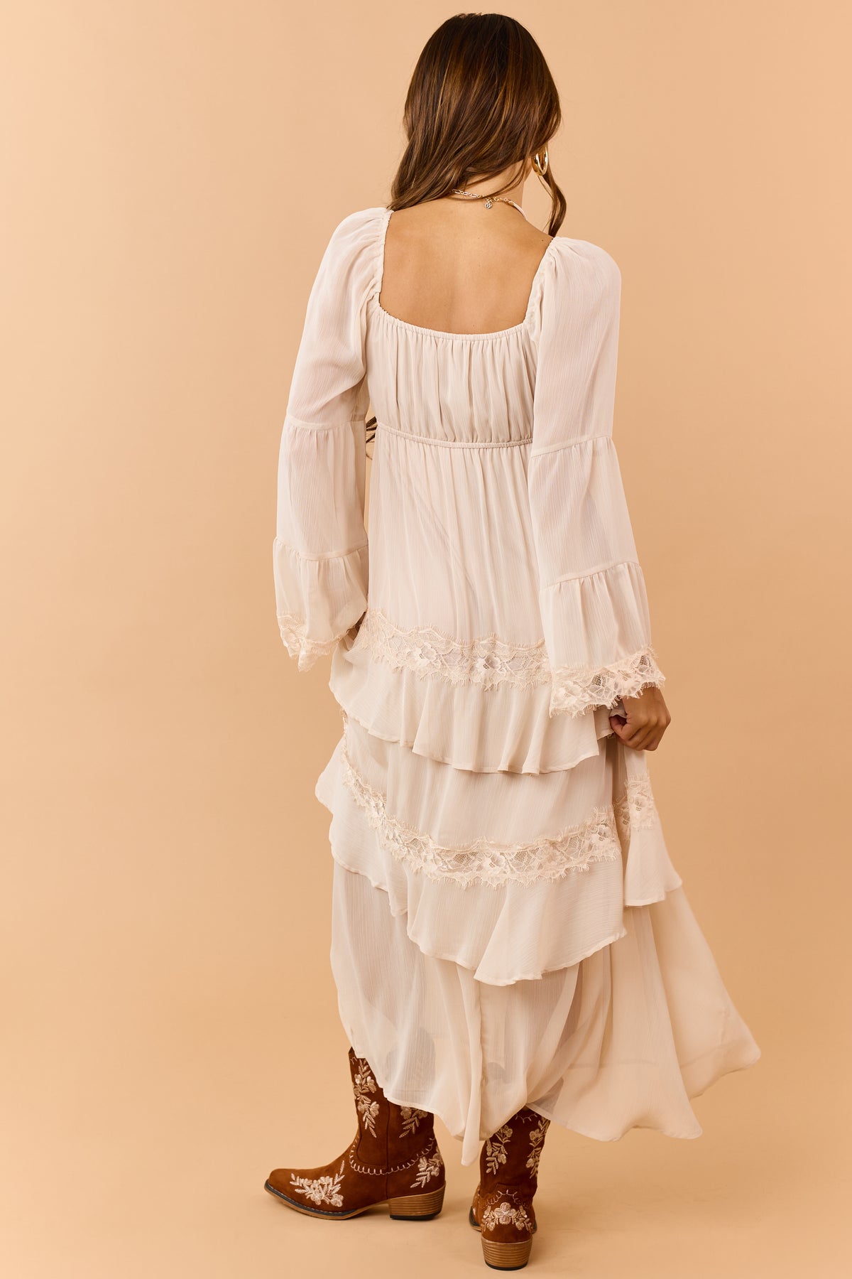 Almond Tiered Ruffle Lace Long Sleeve Midi Dress