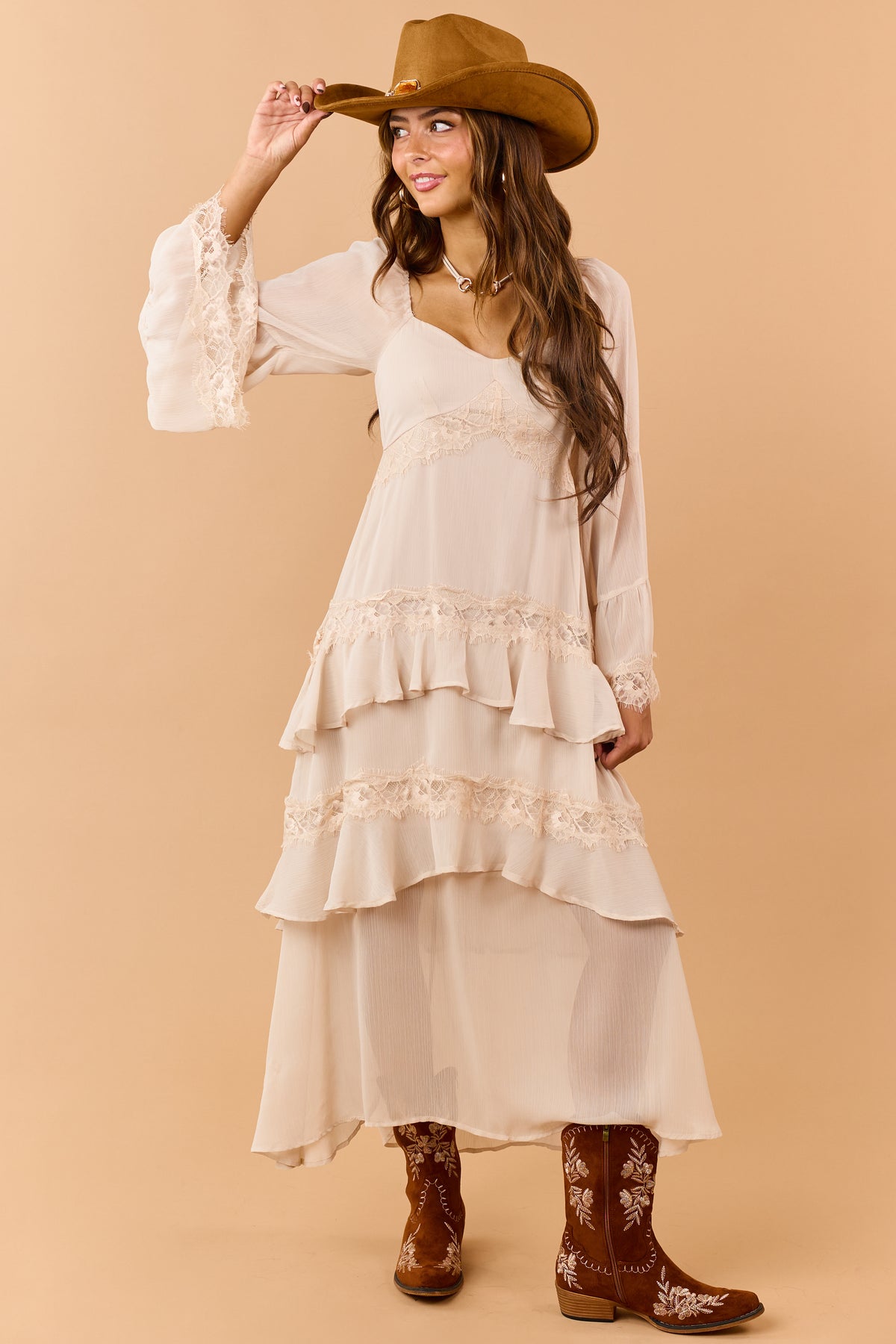Almond Tiered Ruffle Lace Long Sleeve Midi Dress