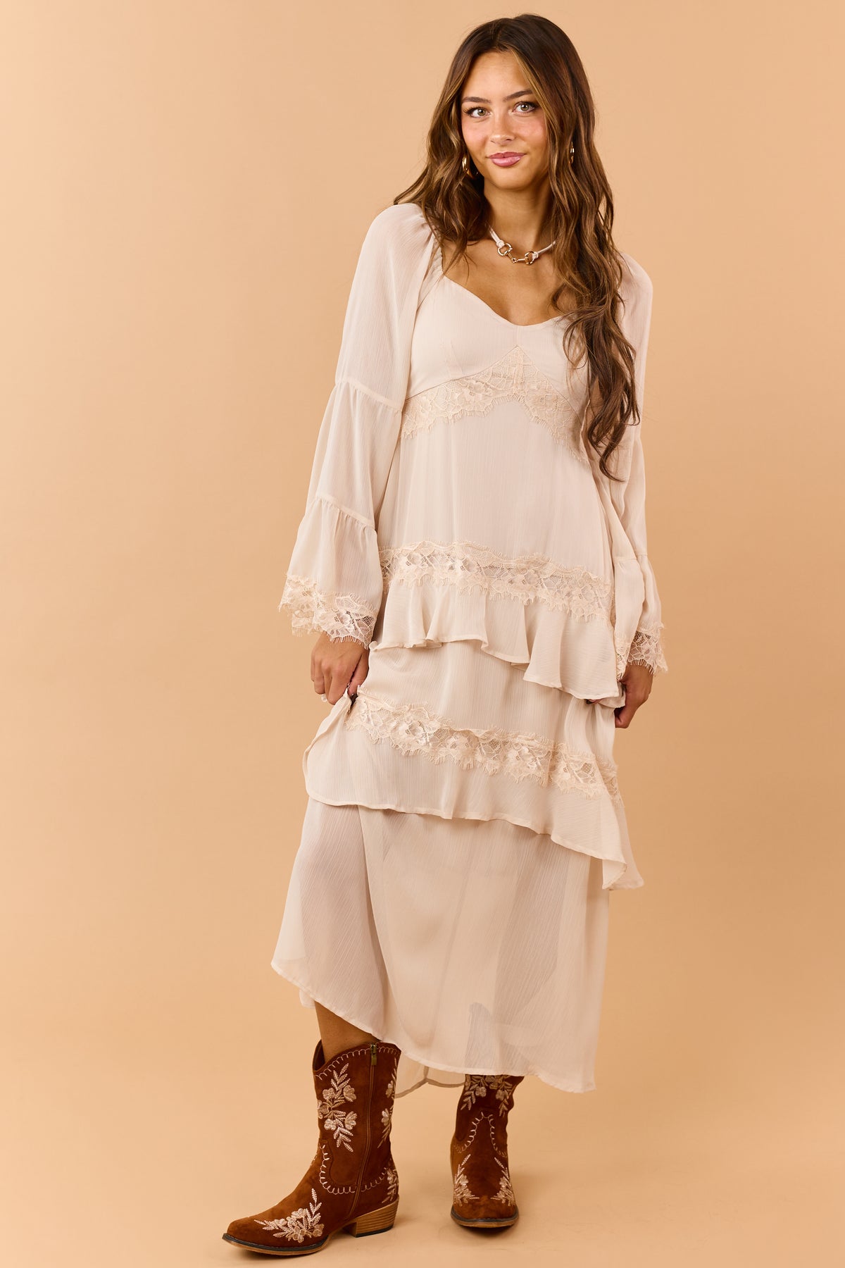 Almond Tiered Ruffle Lace Long Sleeve Midi Dress