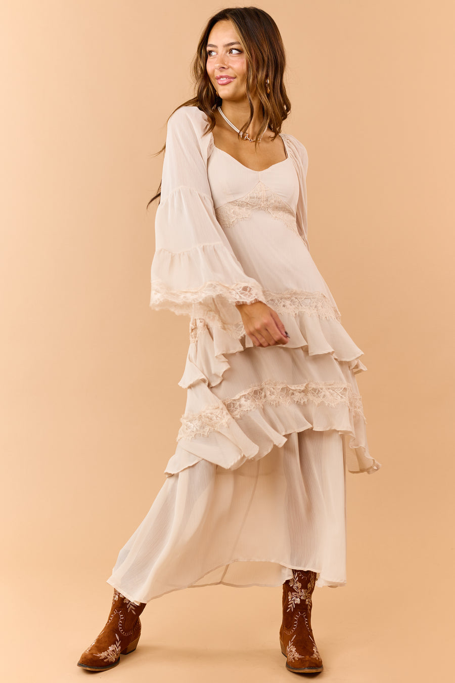 Almond Tiered Ruffle Lace Long Sleeve Midi Dress