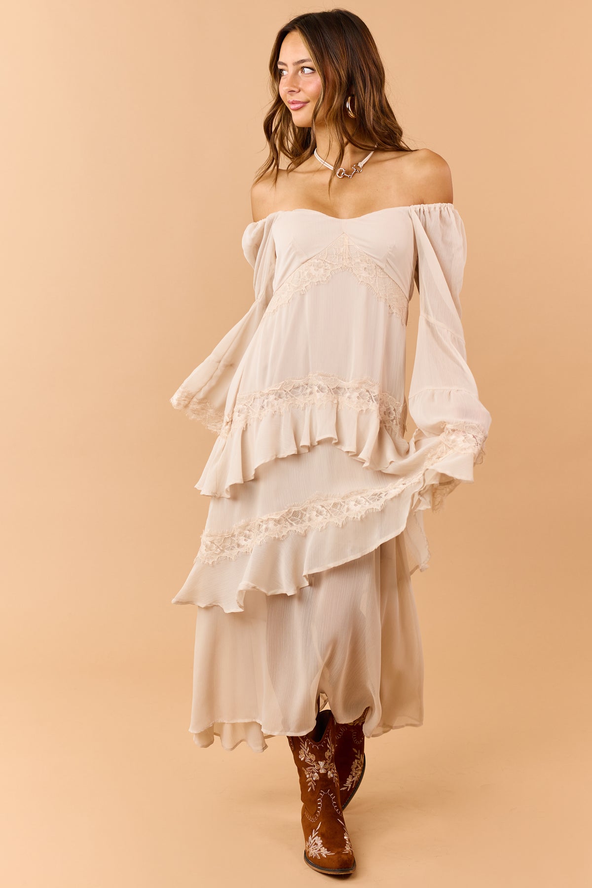 Almond Tiered Ruffle Lace Long Sleeve Midi Dress