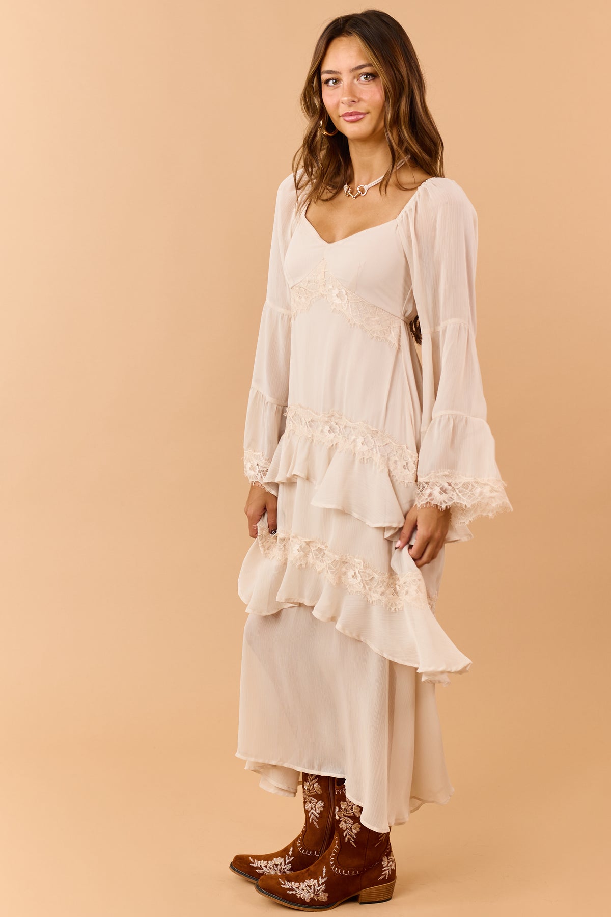 Almond Tiered Ruffle Lace Long Sleeve Midi Dress