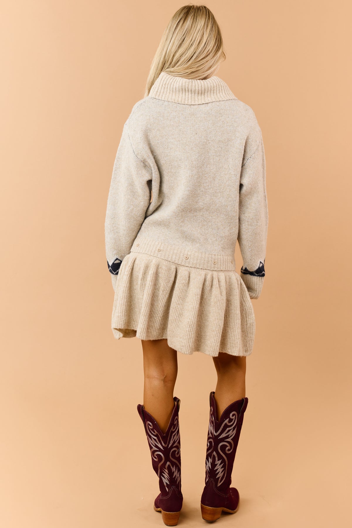 Almond Turtleneck Argyle Sweater and Skirt Set
