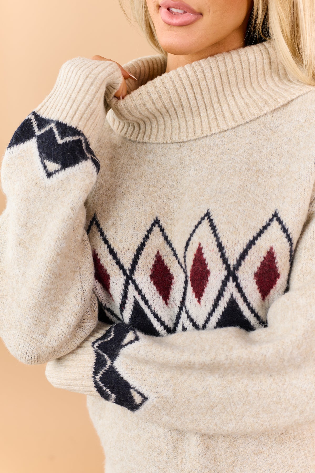 Almond Turtleneck Argyle Sweater and Skirt Set