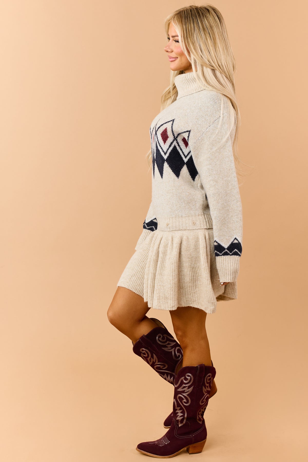 Almond Turtleneck Argyle Sweater and Skirt Set