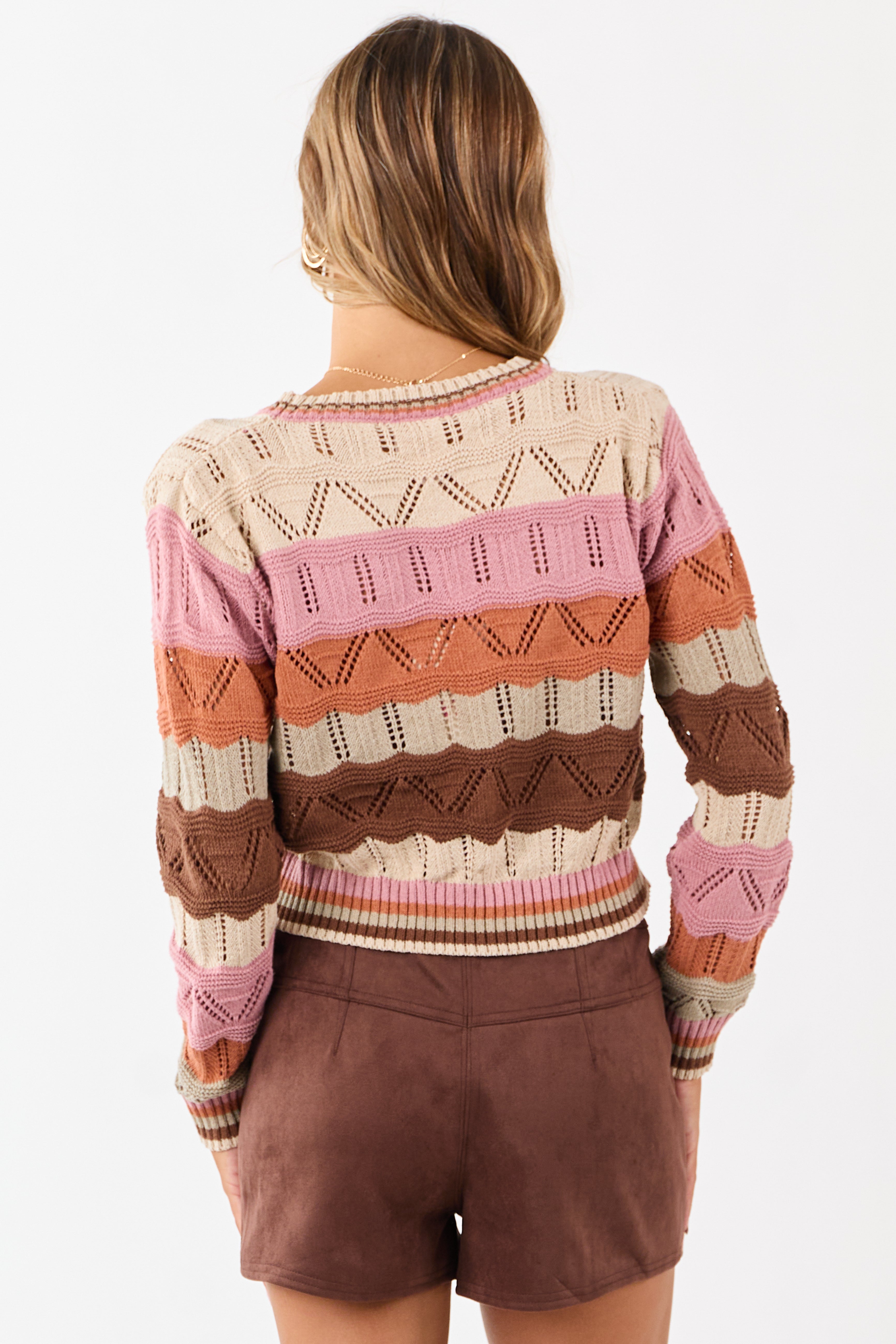 Almond Wavy Striped Long Sleeve Pointelle Sweater