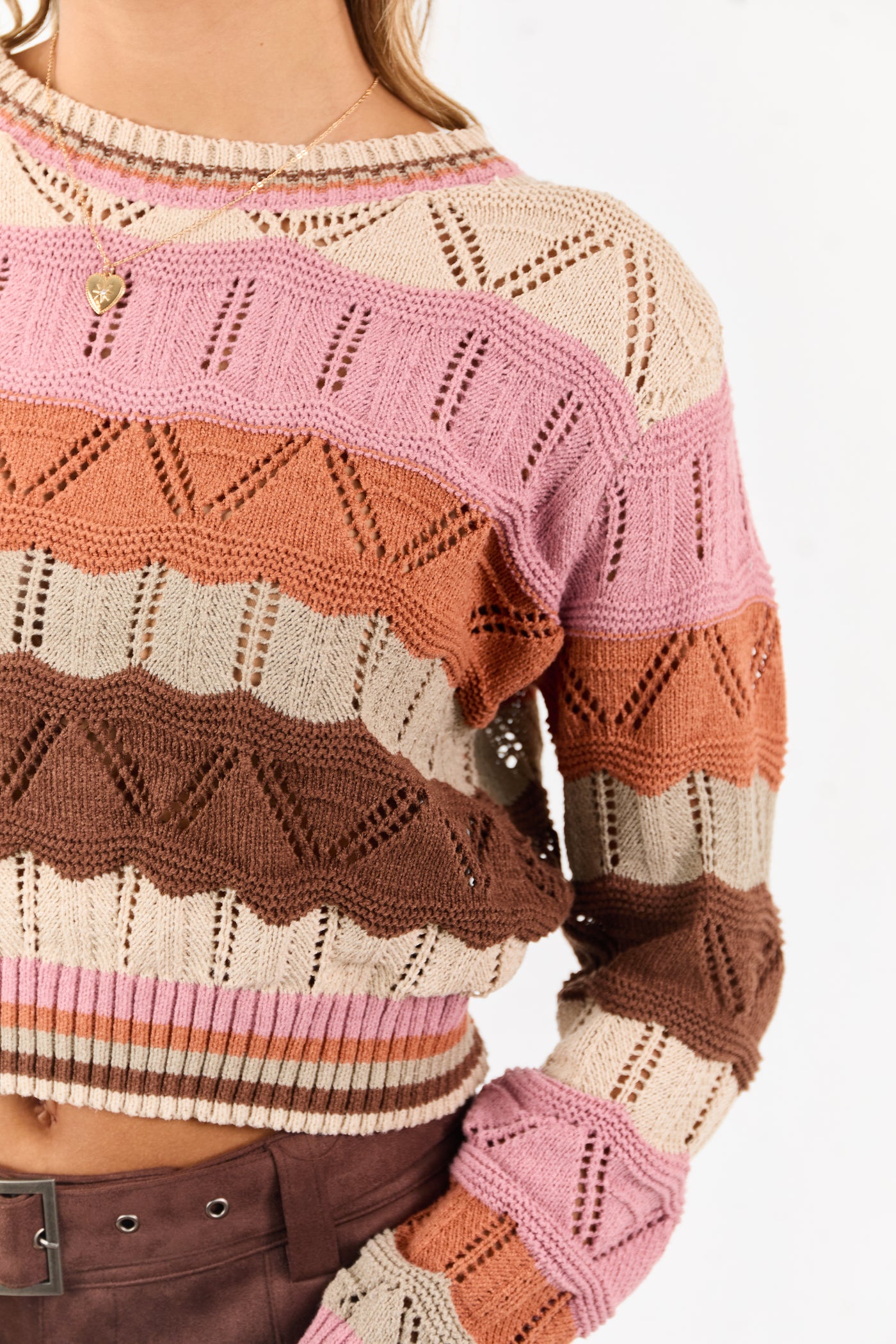 Almond Wavy Striped Long Sleeve Pointelle Sweater