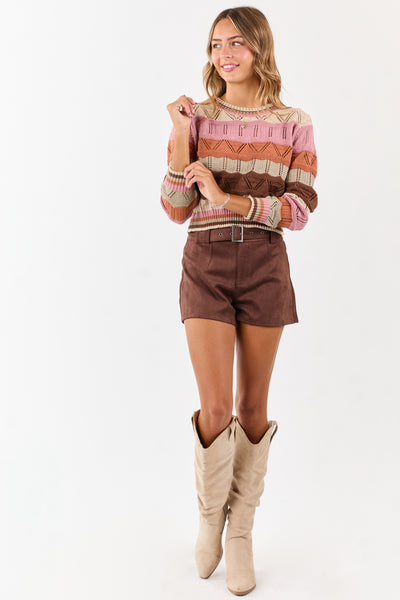 Almond Wavy Striped Long Sleeve Pointelle Sweater