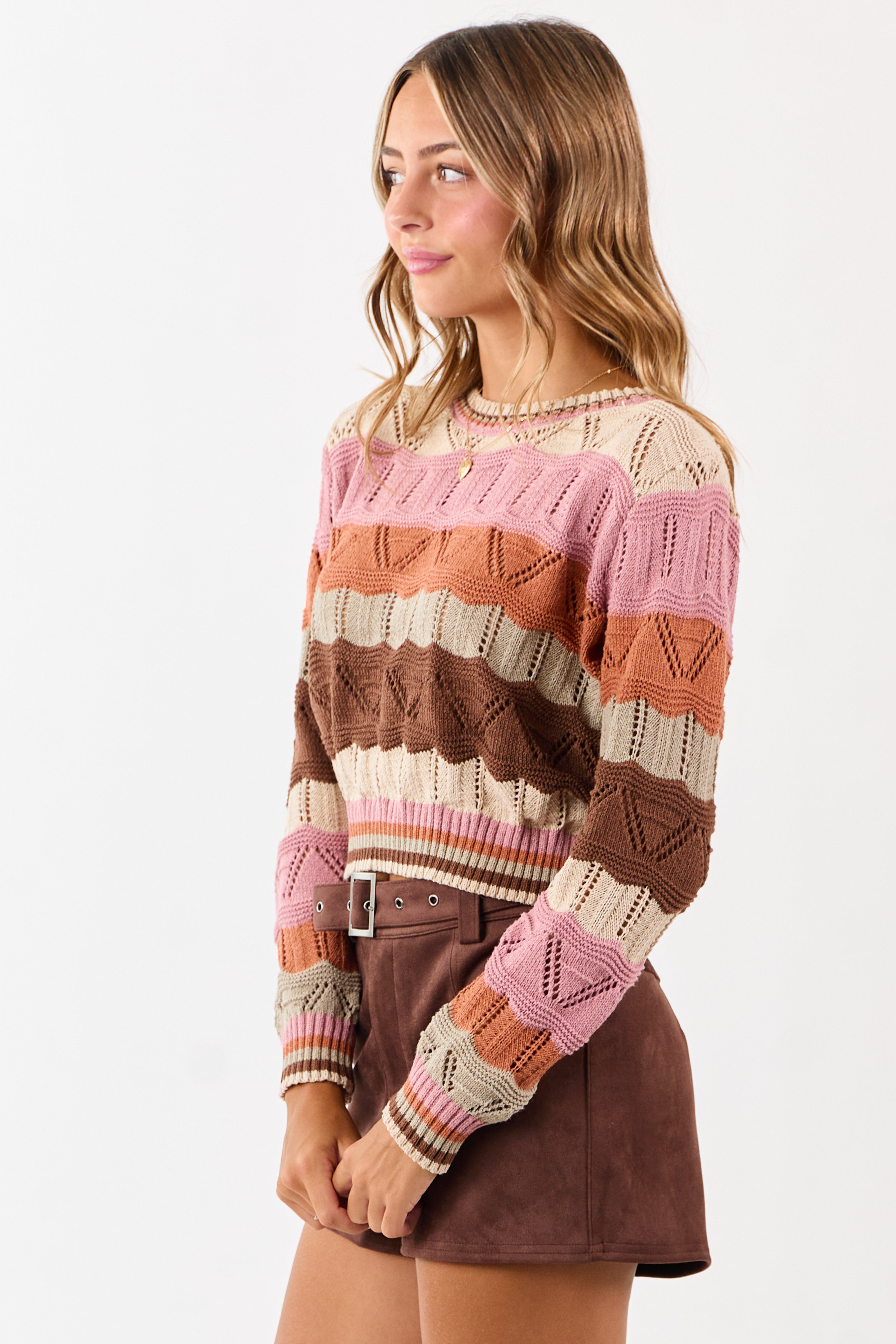 Almond Wavy Striped Long Sleeve Pointelle Sweater