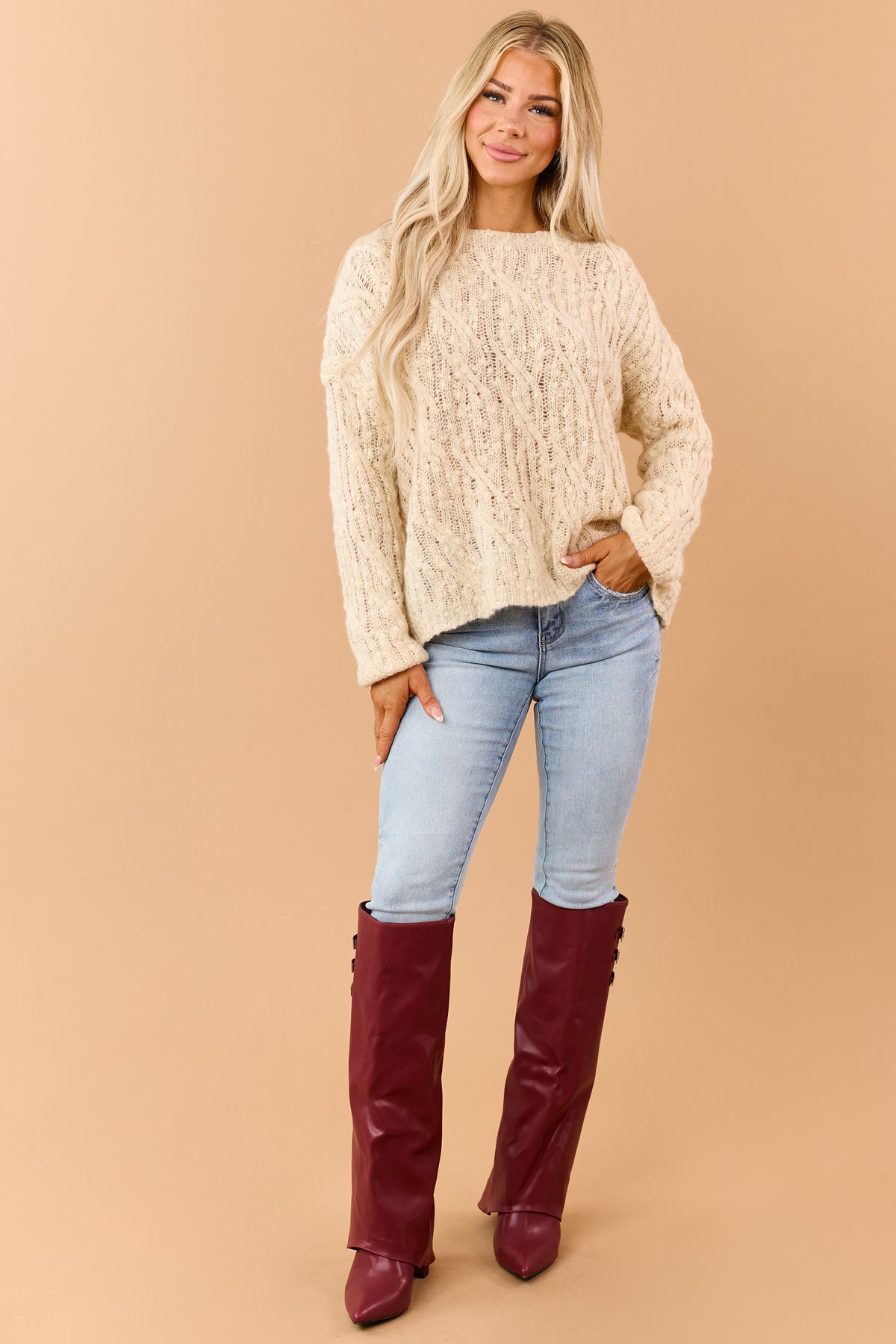 Almond Wool Blend Open Cable Knit Relaxed Sweater