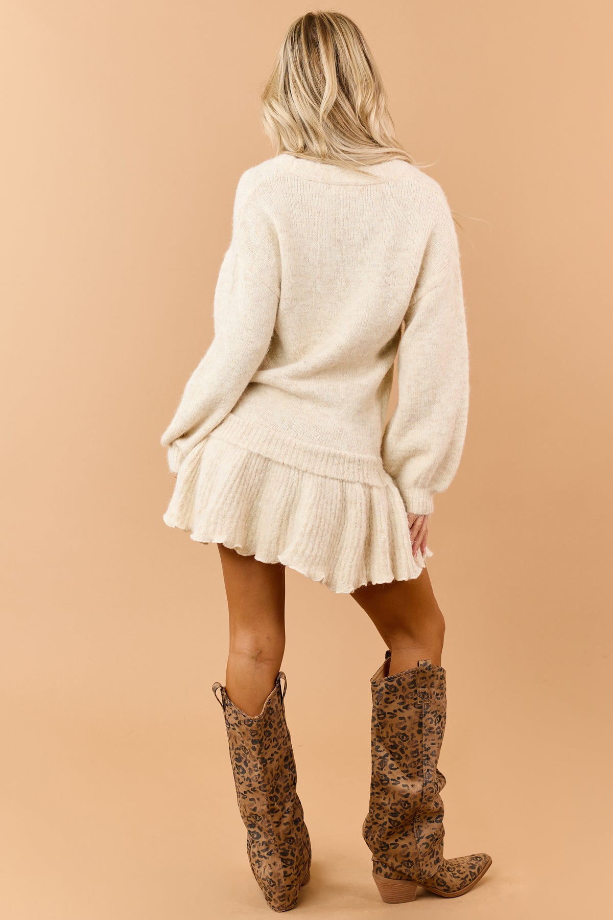 Almond Wool Blend Rib Knit Mini Sweater Dress