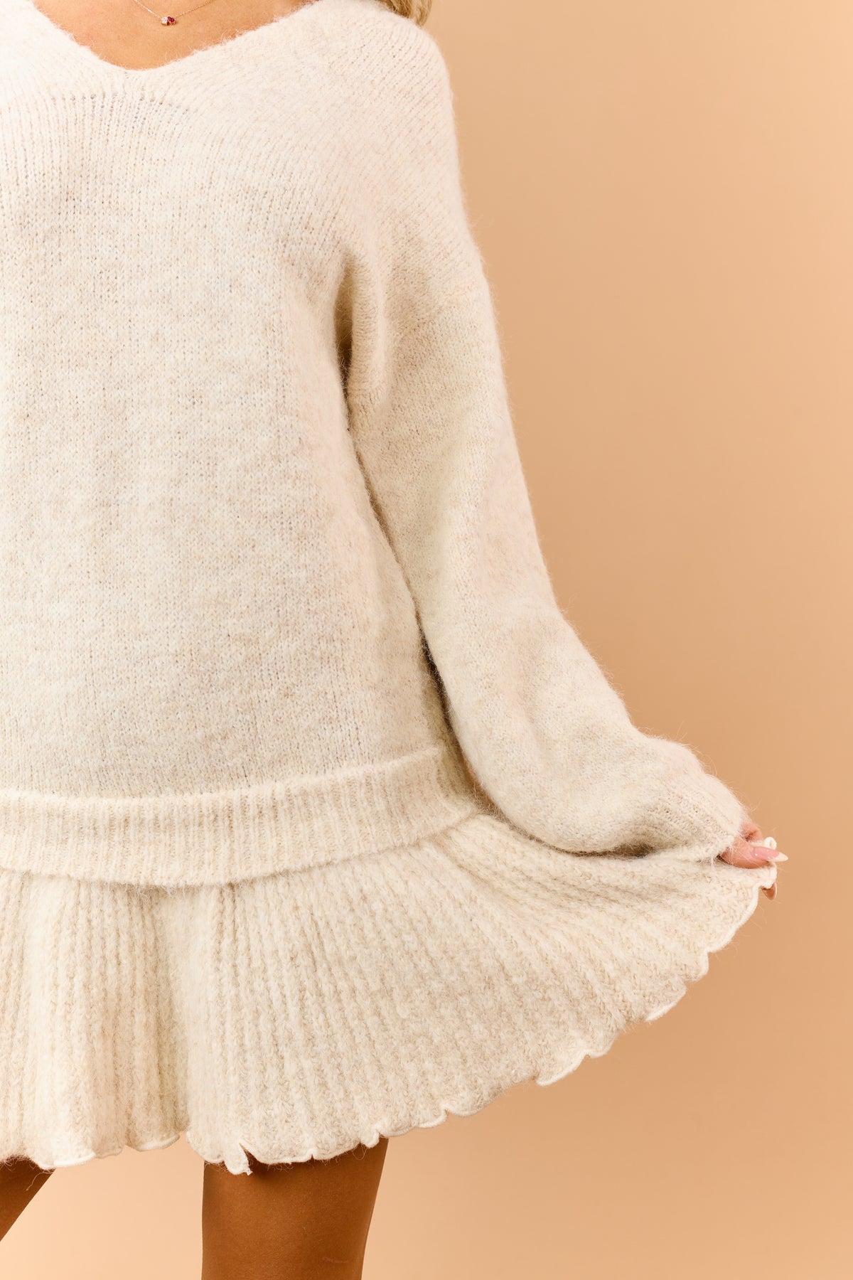 Almond Wool Blend Rib Knit Mini Sweater Dress
