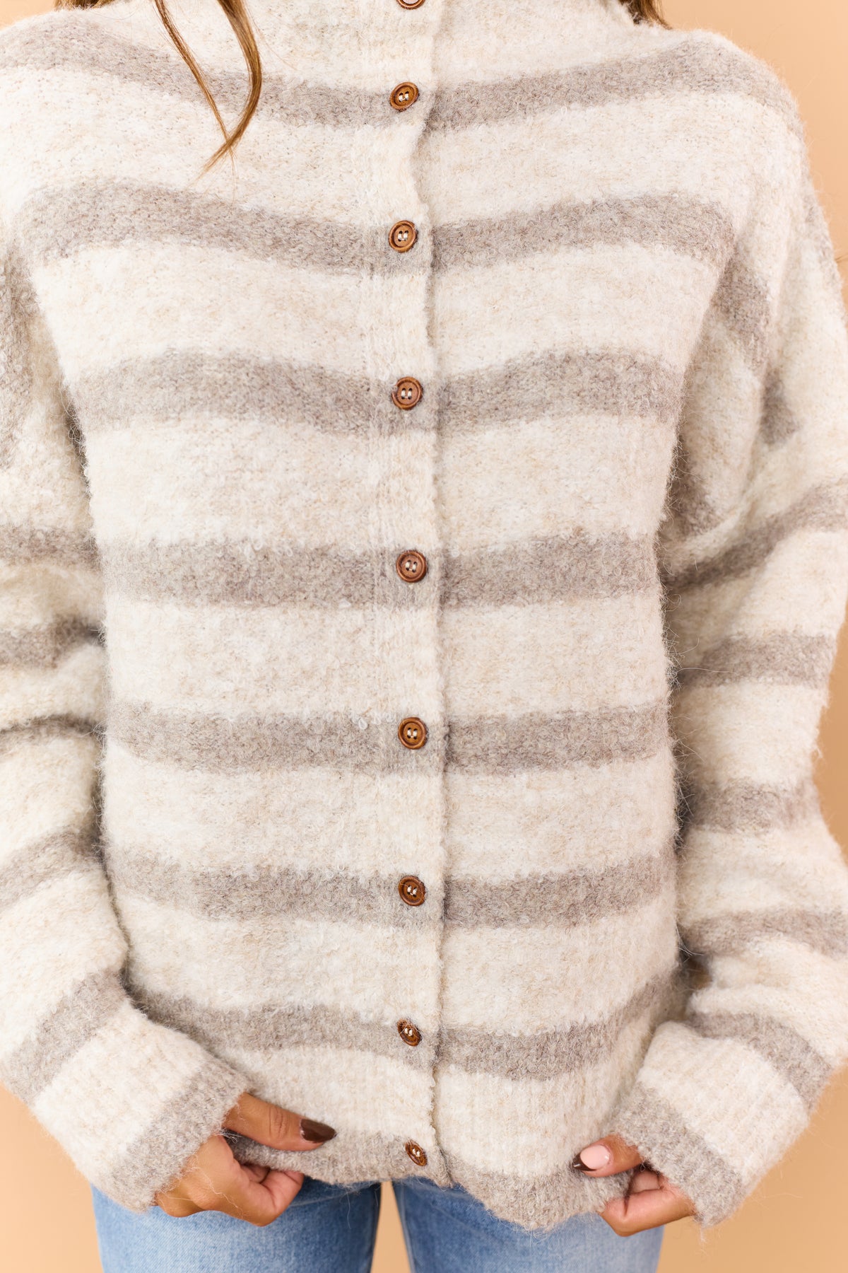 Almond Wool Blend Striped Button Down Sweater