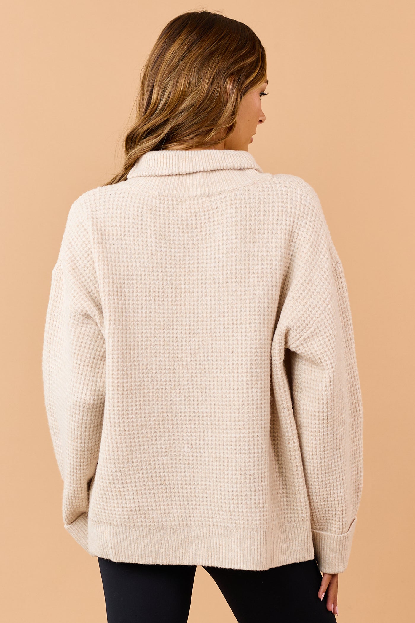 Almond Wool Blend Waffle Knit Turtleneck Sweater
