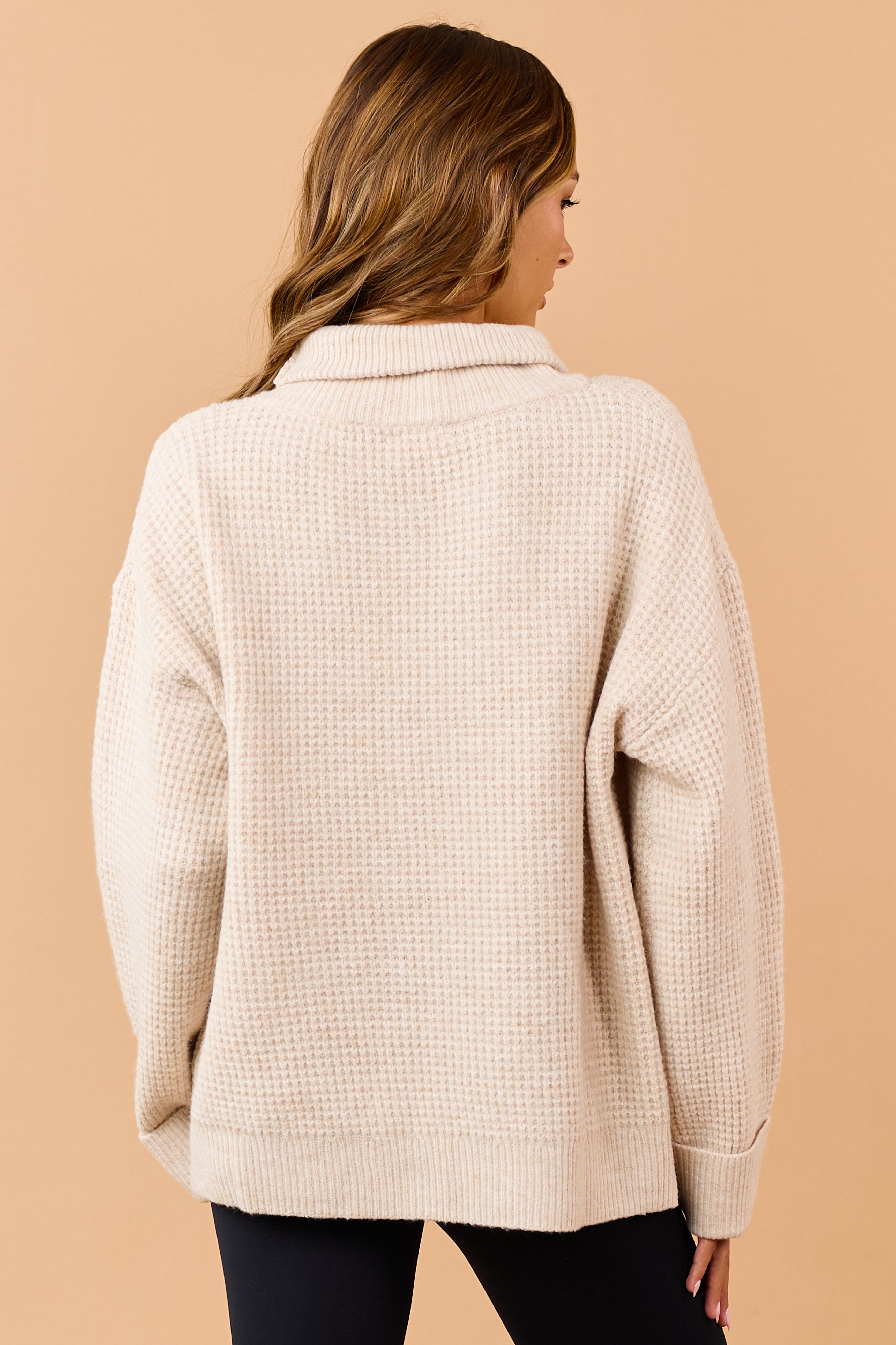 Almond Wool Blend Waffle Knit Turtleneck Sweater