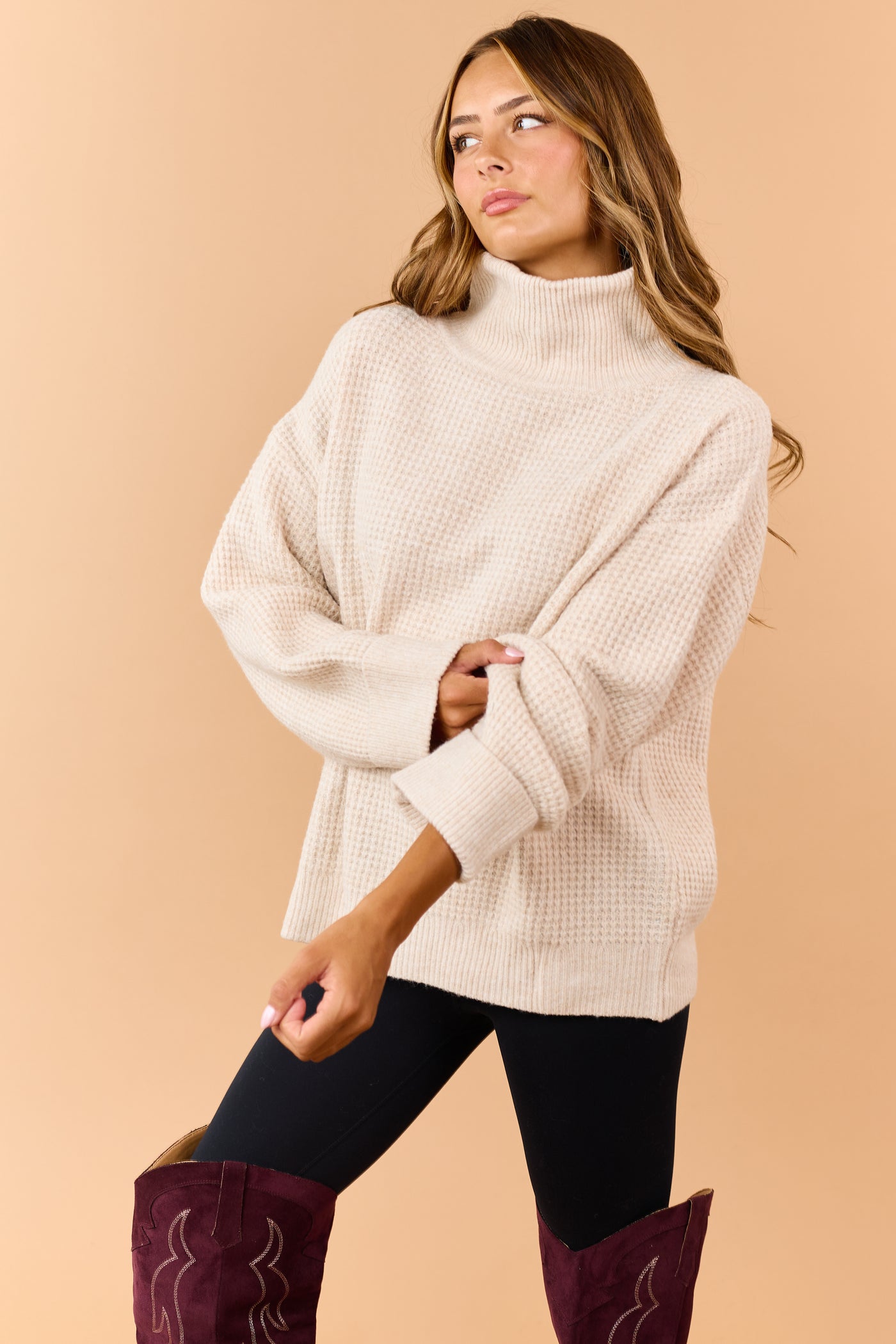Almond Wool Blend Waffle Knit Turtleneck Sweater