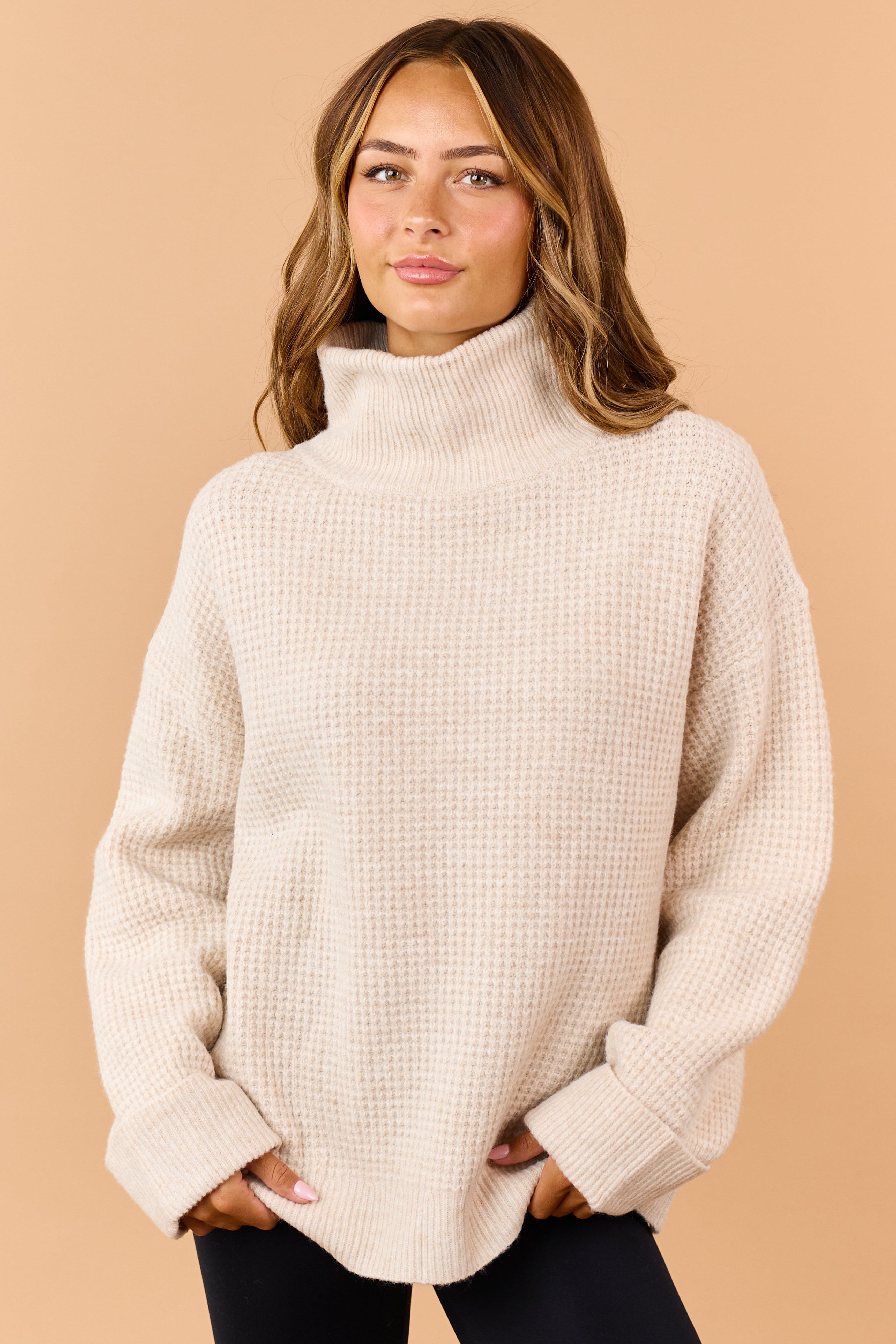 Almond Wool Blend Waffle Knit Turtleneck Sweater