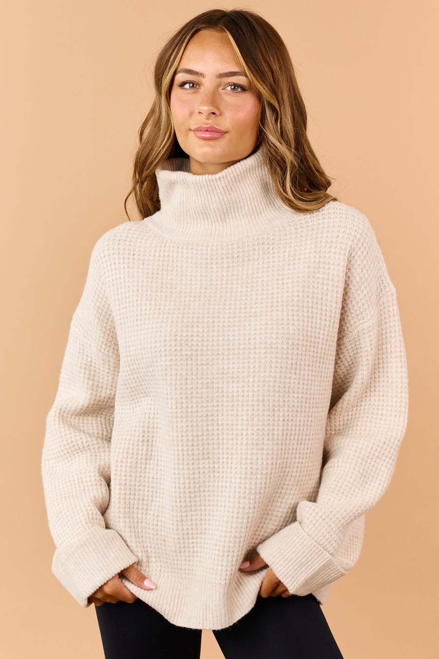 Almond Wool Blend Waffle Knit Turtleneck Sweater
