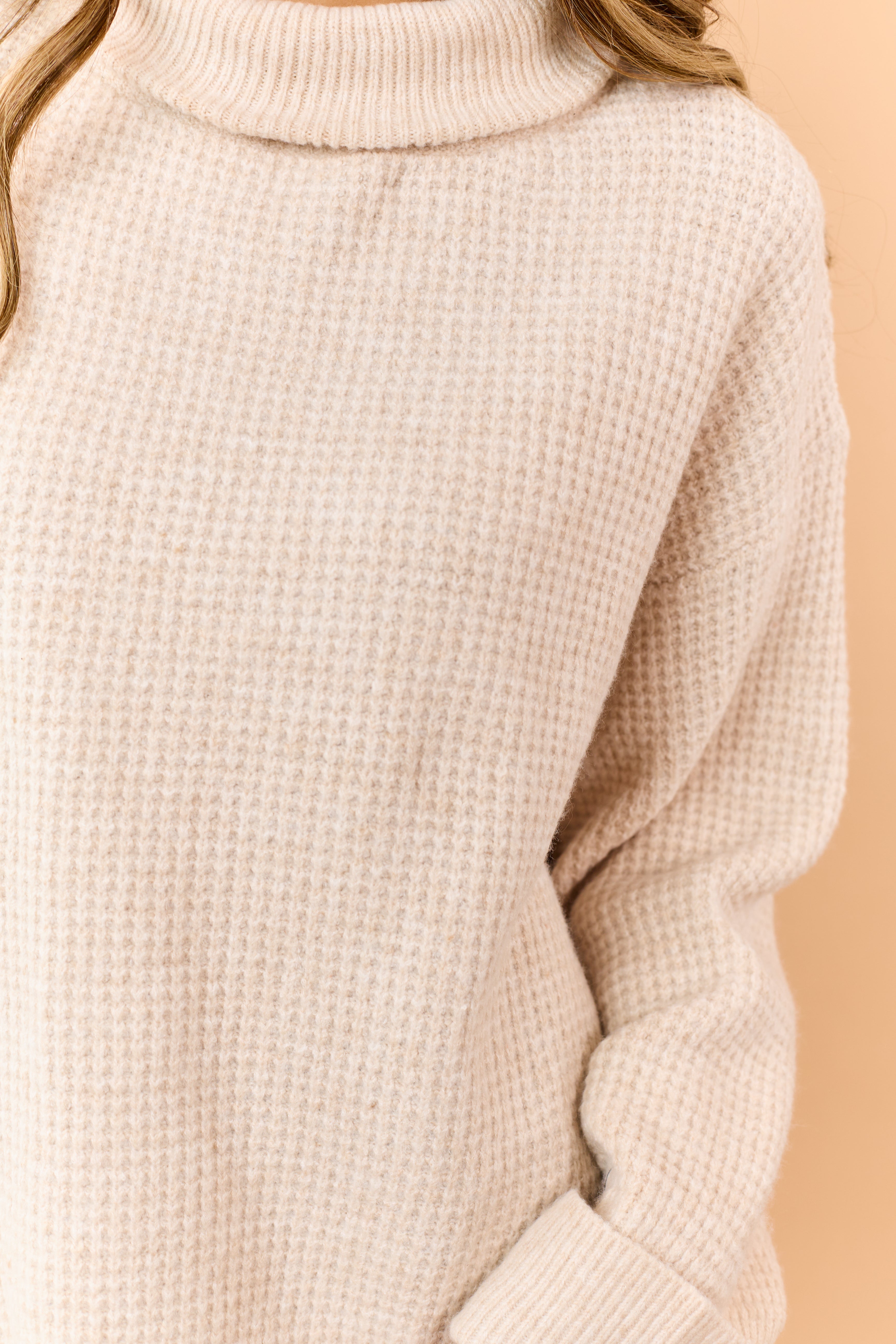 Almond Wool Blend Waffle Knit Turtleneck Sweater