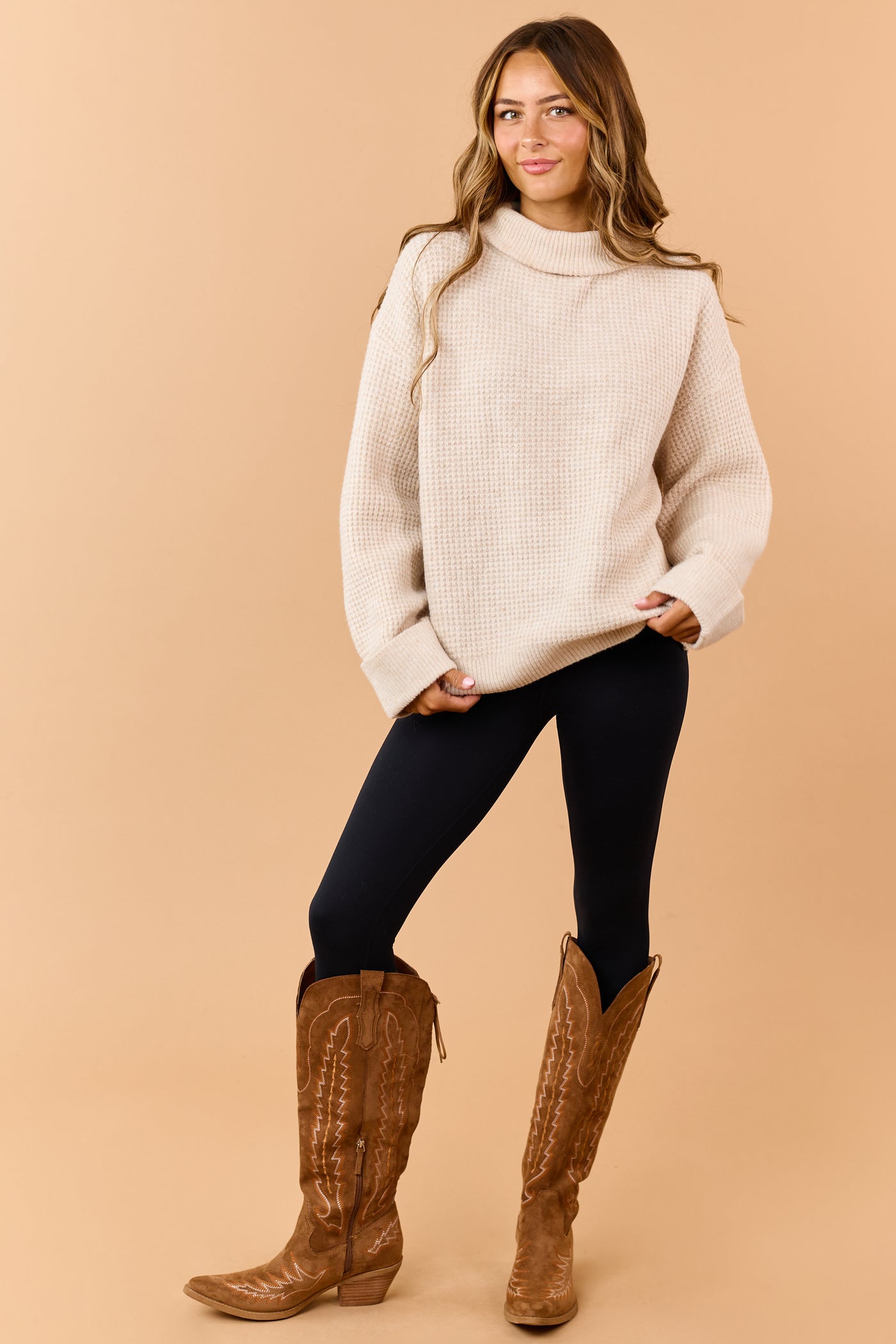 Almond Wool Blend Waffle Knit Turtleneck Sweater