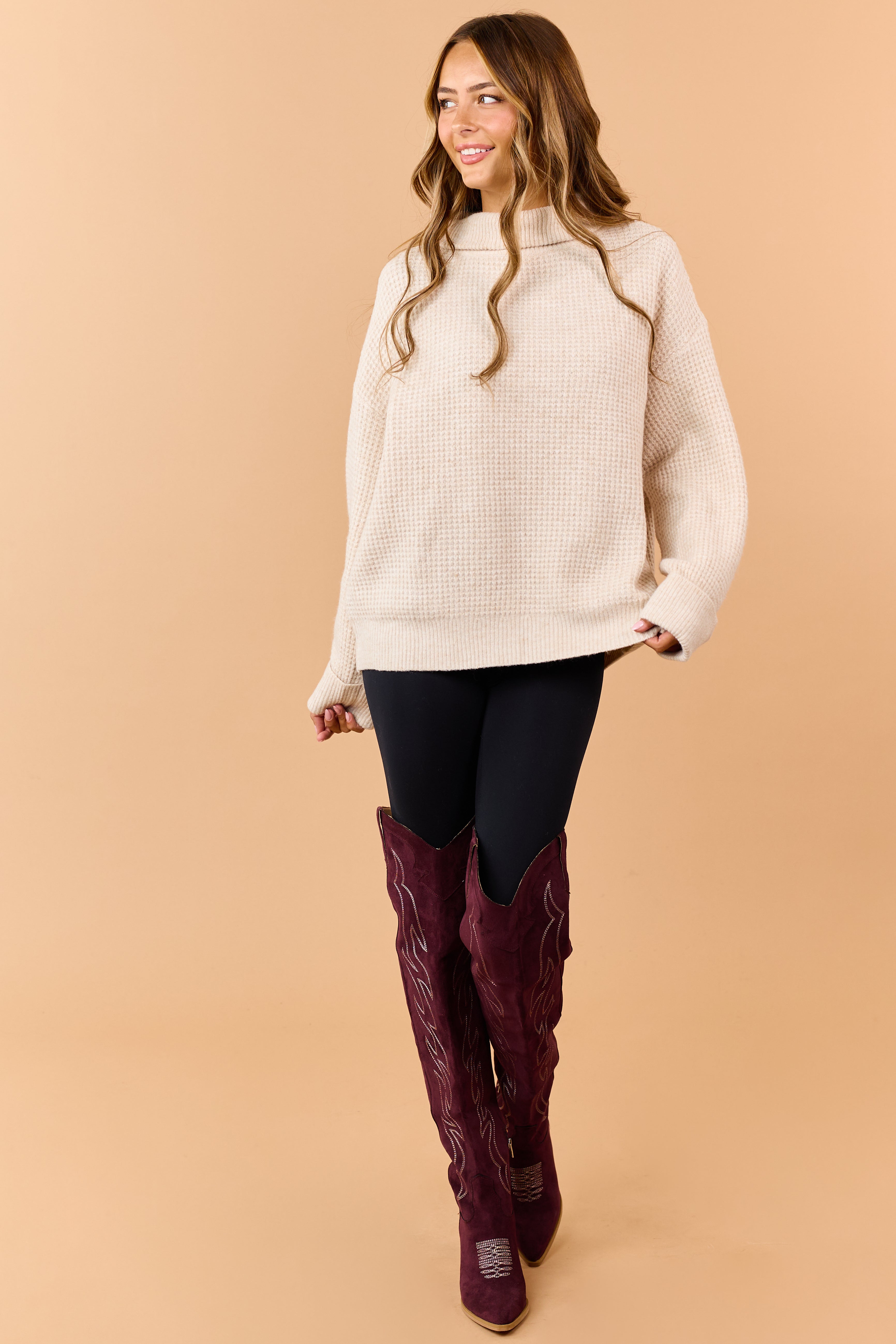 Almond Wool Blend Waffle Knit Turtleneck Sweater
