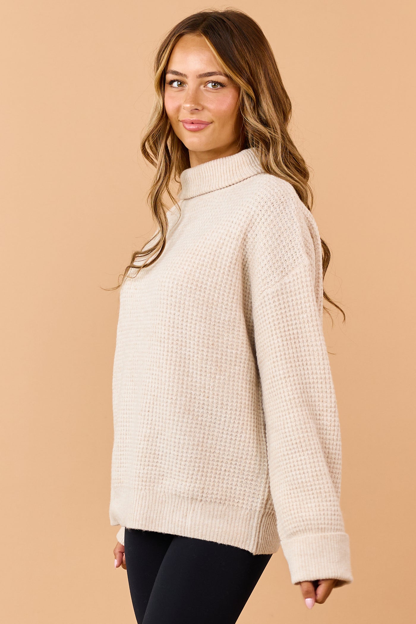 Almond Wool Blend Waffle Knit Turtleneck Sweater