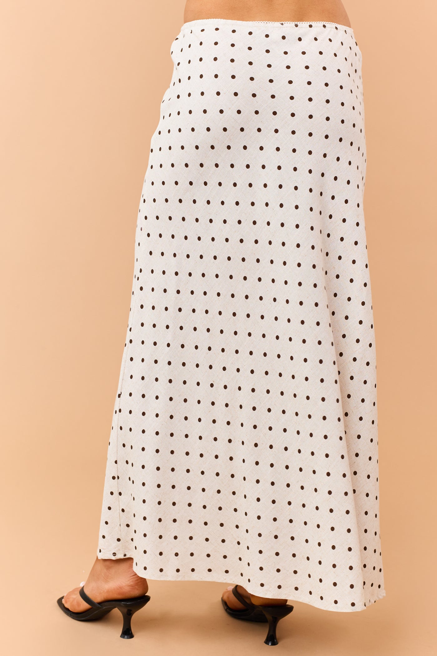 Almond and Cocoa Polka Dot Linen Blend Maxi Skirt
