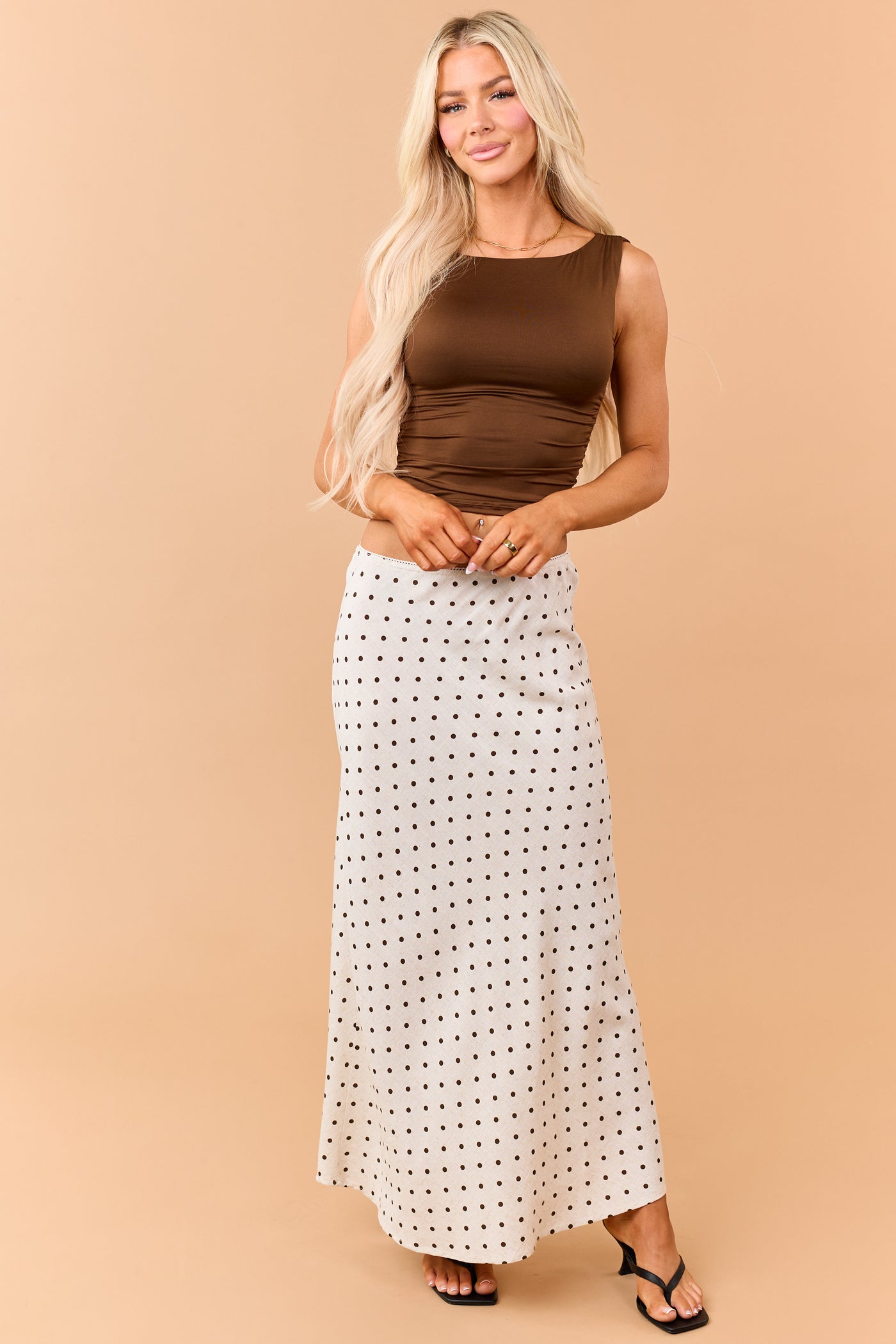 Almond and Cocoa Polka Dot Linen Blend Maxi Skirt
