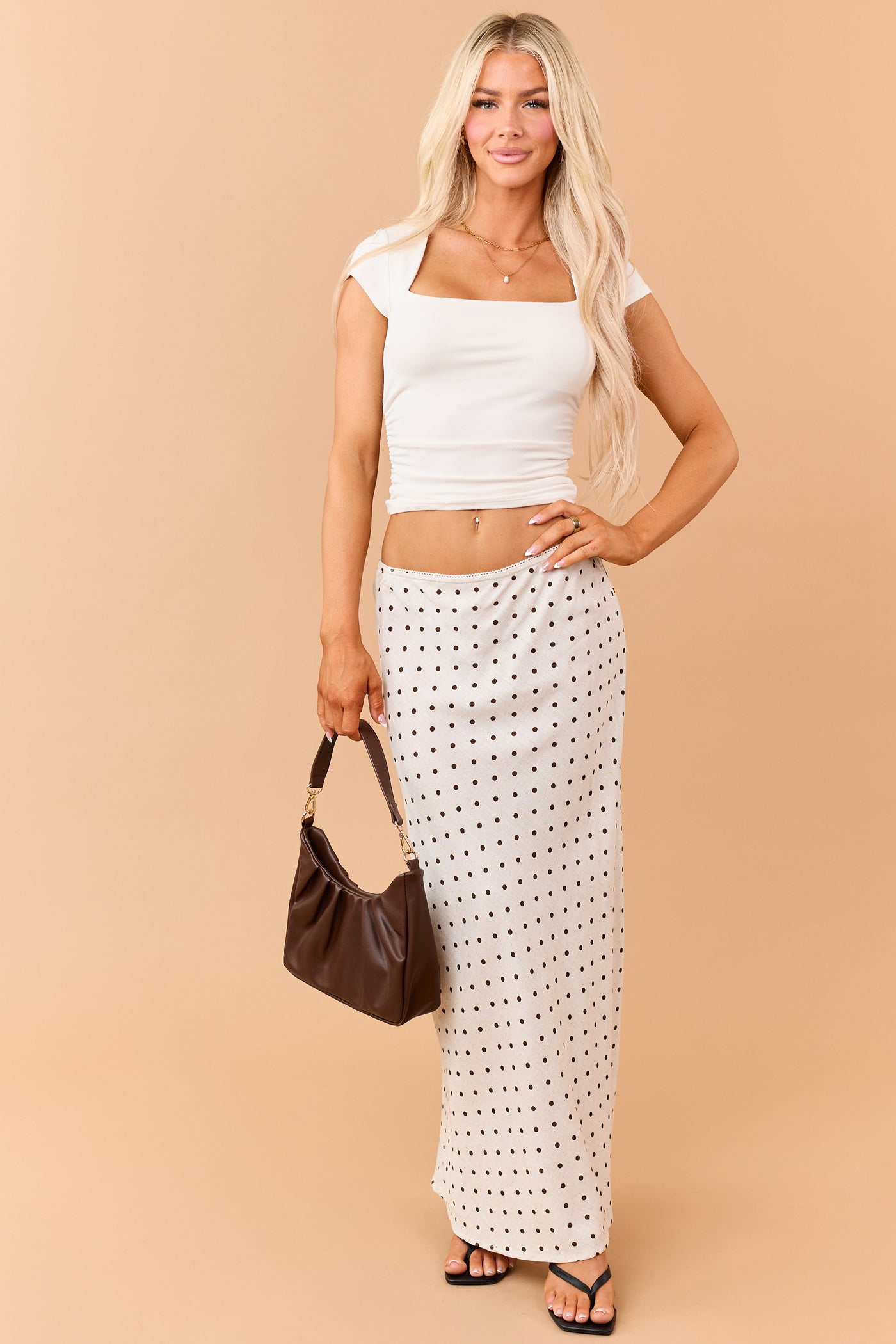 Almond and Cocoa Polka Dot Linen Blend Maxi Skirt